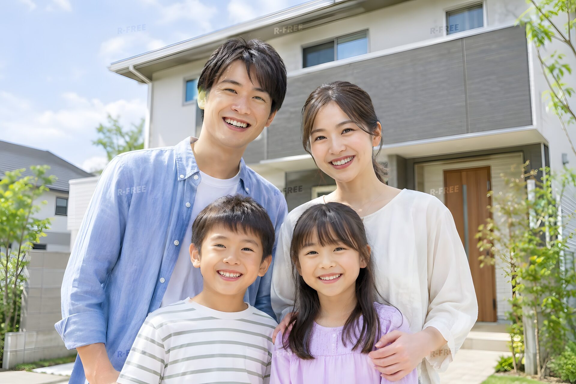 新しい一軒家の前の4人家族