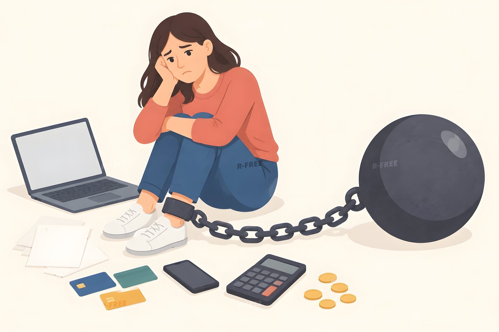 重い鉄球につながれた人のイラスト