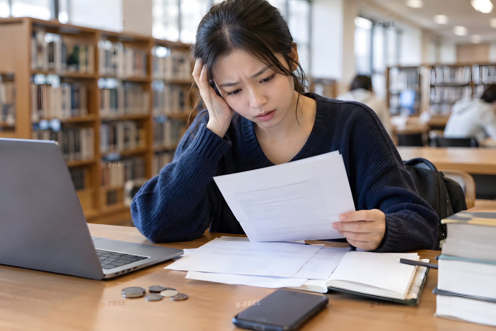 学費の書類を前に考え込む女子大学生