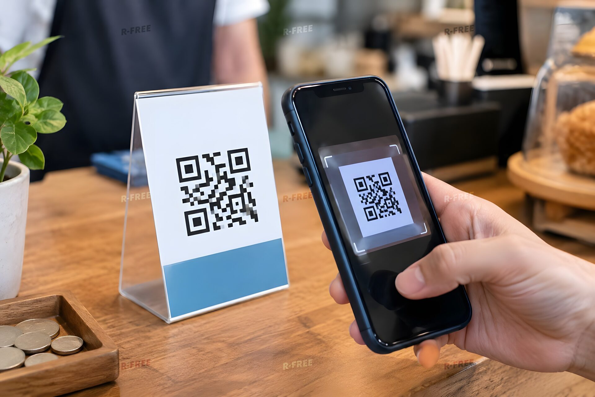 店頭のコードを読み取るスマホの手元