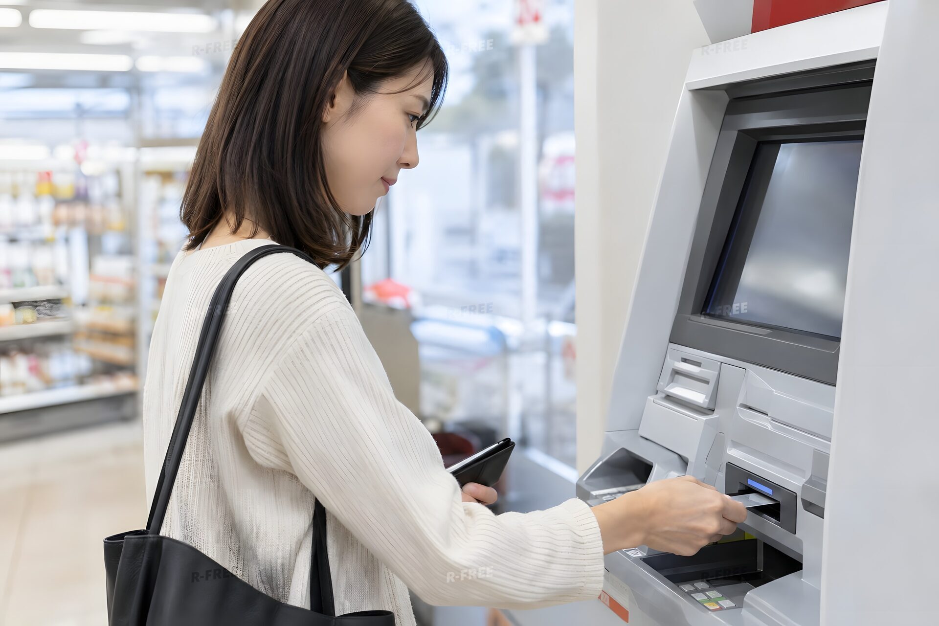 コンビニのATMを使う30代女性