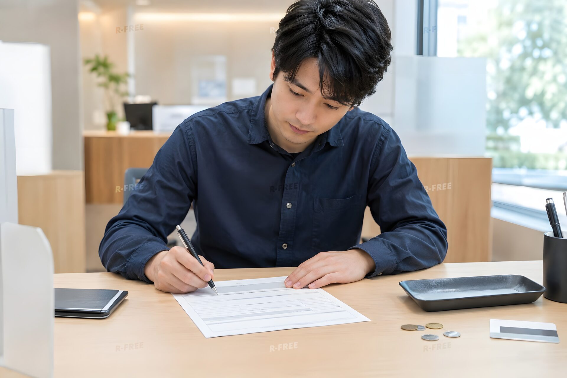 口座開設の書類を書く20代男性