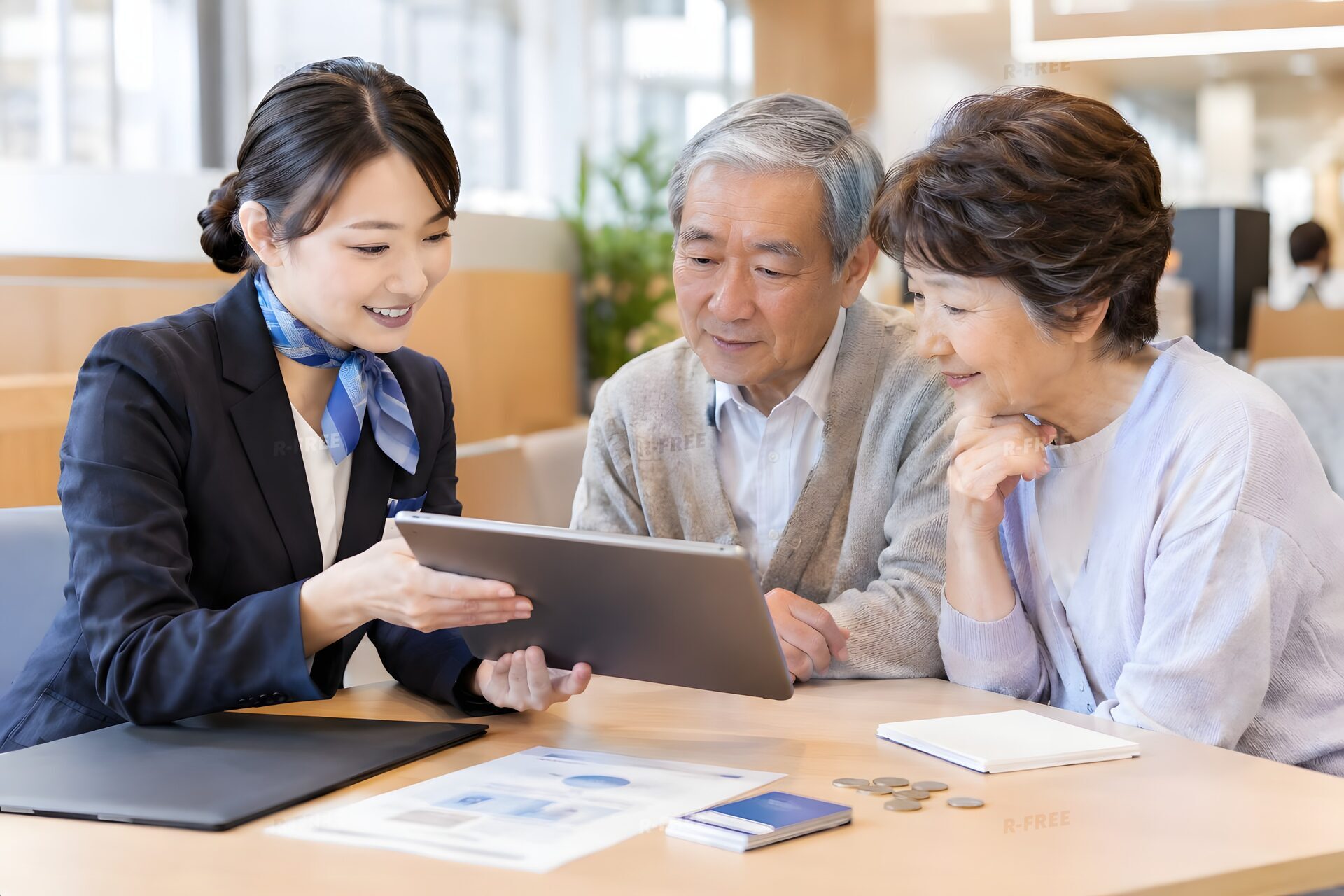 タブレットで説明する行員と高齢の夫婦