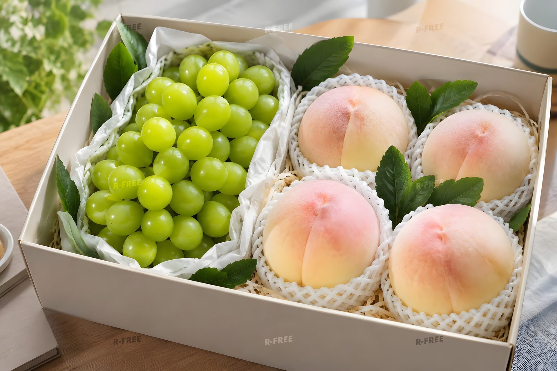 箱に詰めた高級なぶどうと桃