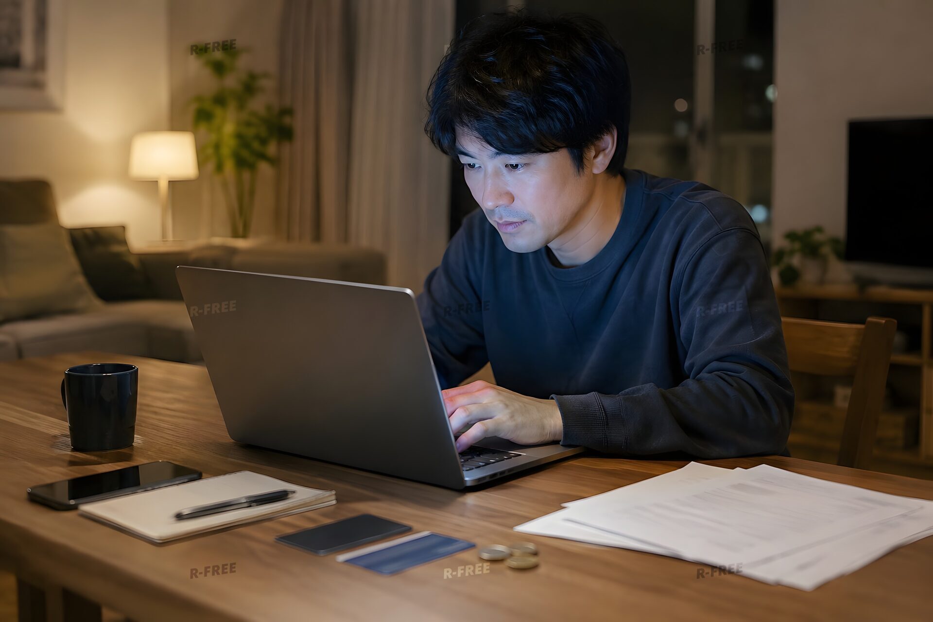 夜に副業をする30代男性