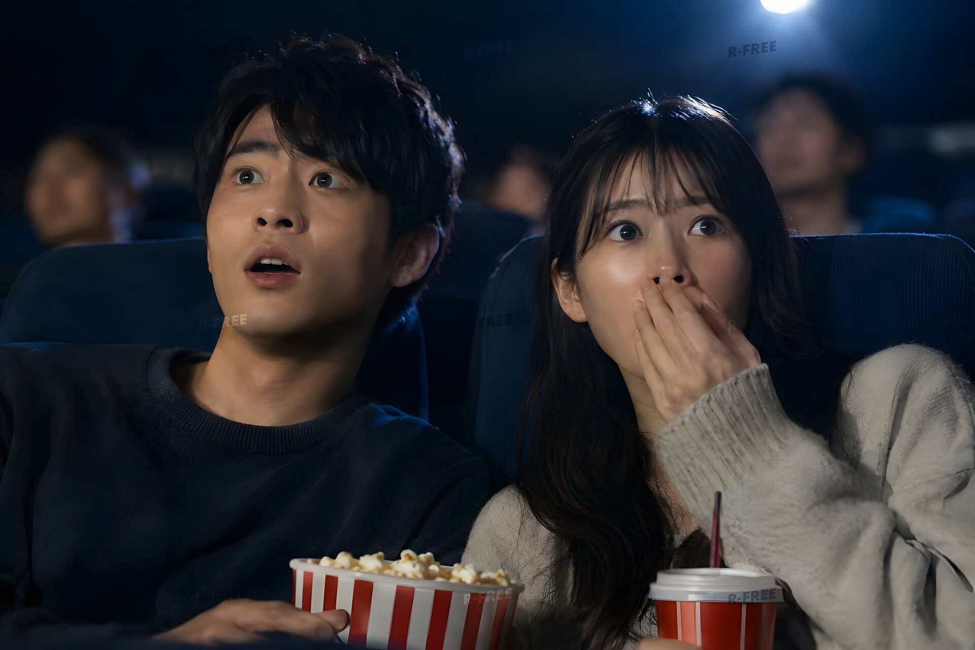 映画を見て驚くカップル