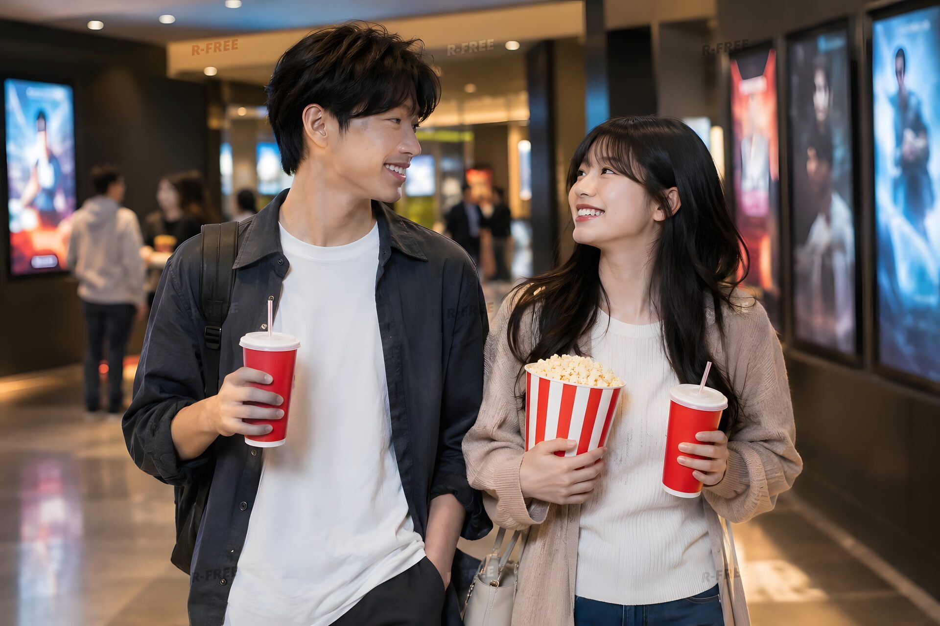映画館のロビーを歩くカップル