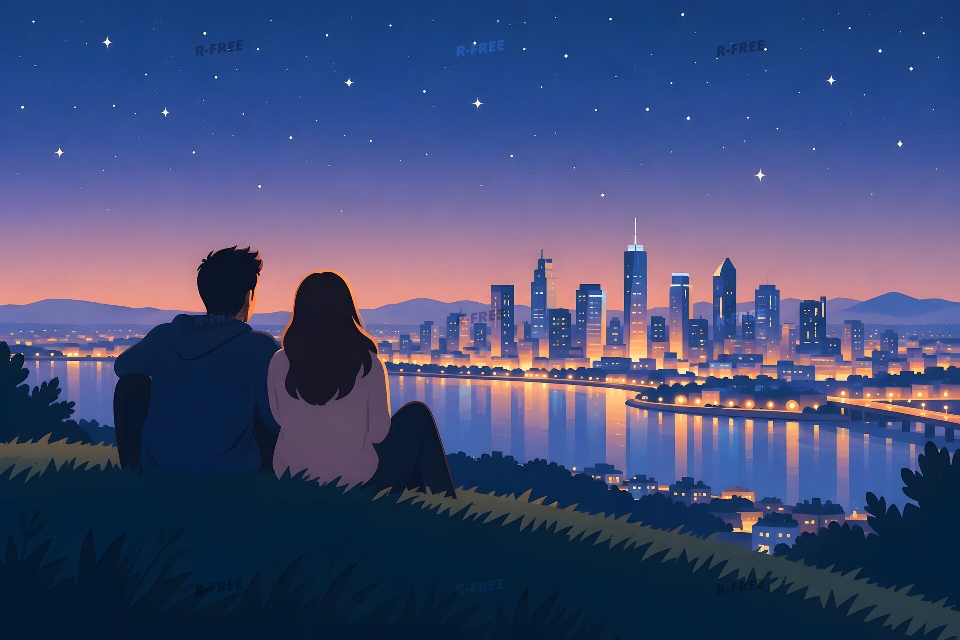 夜景を眺めるカップルのイラスト