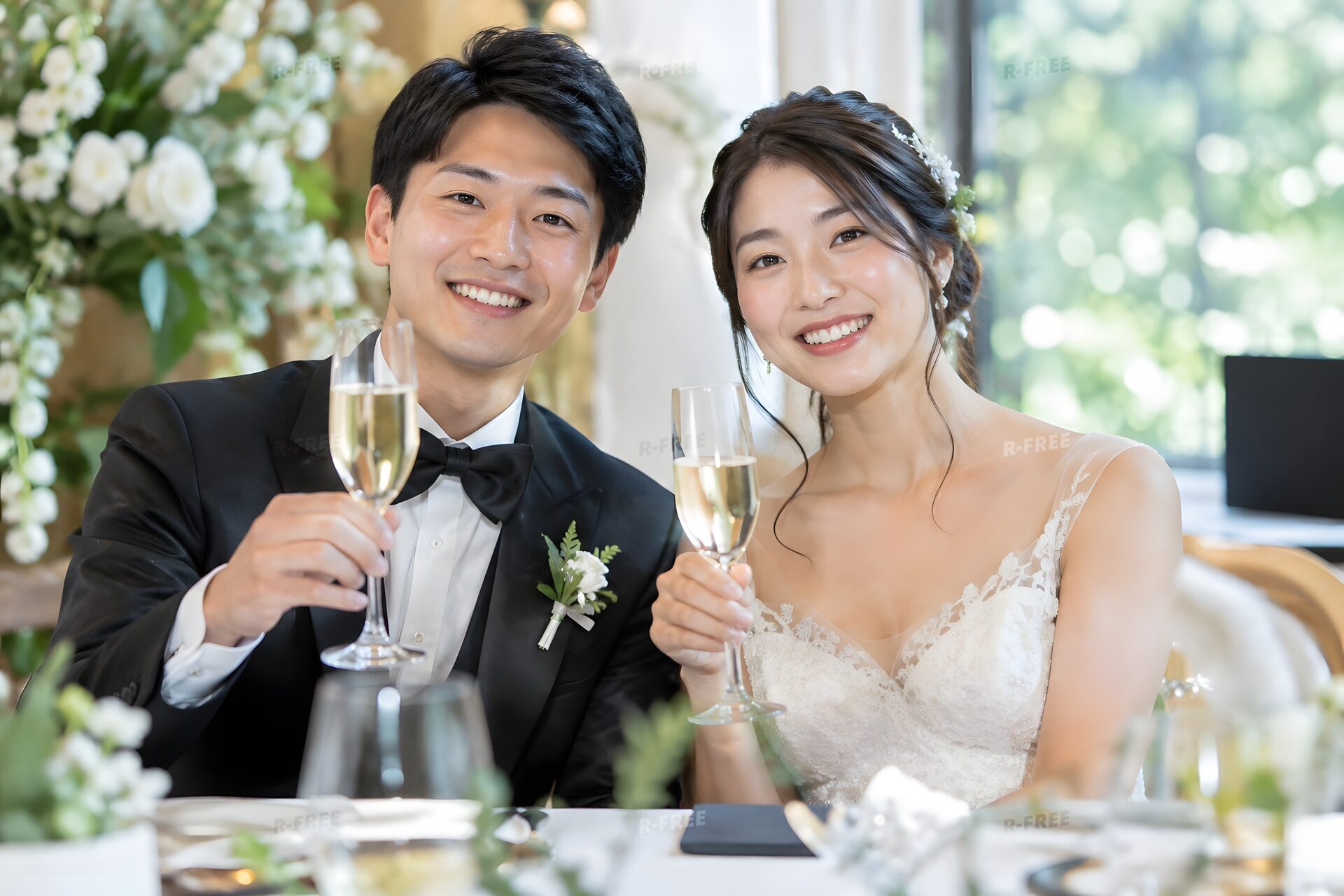 披露宴で乾杯する新郎新婦