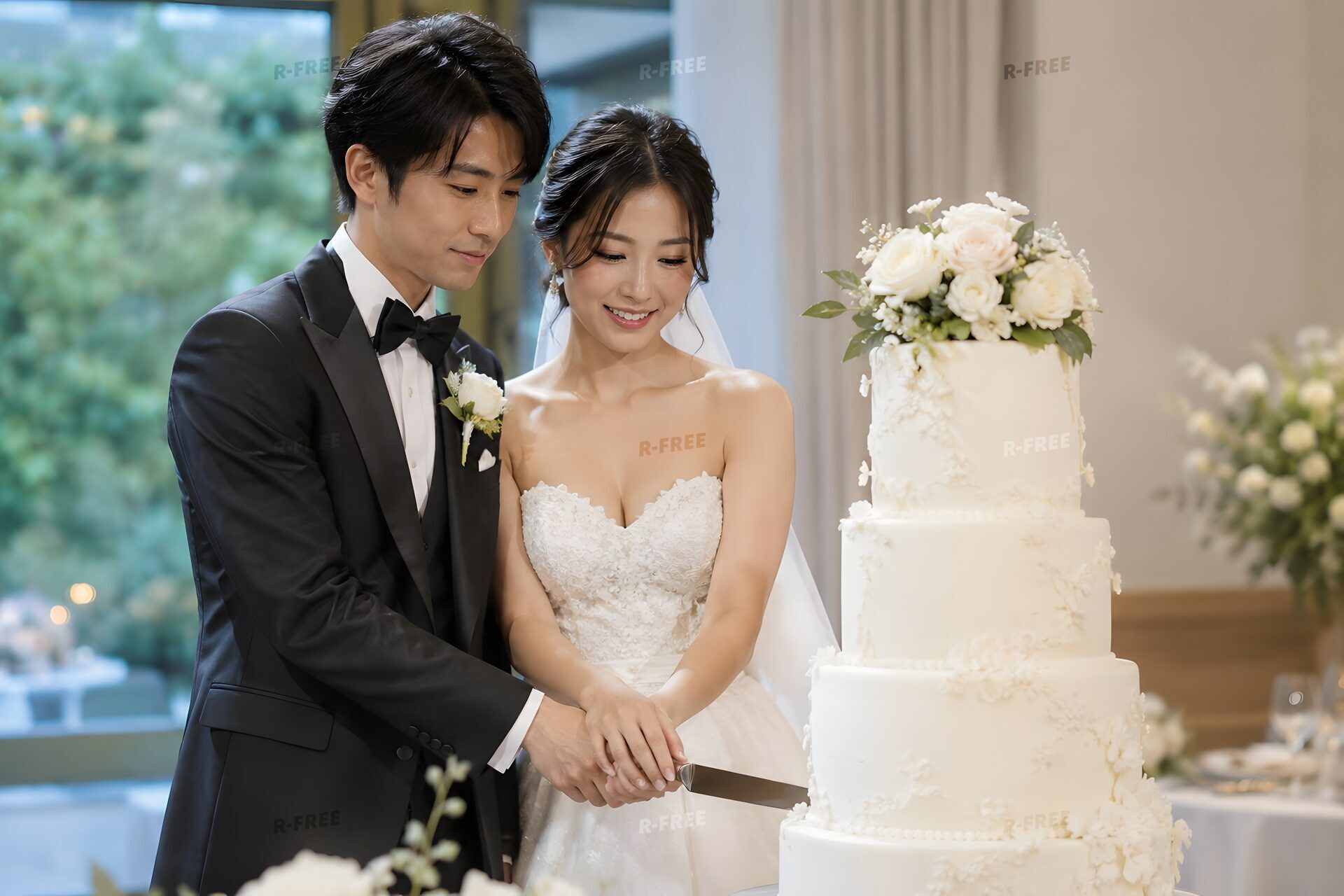 ウエディングケーキに入刀する新郎新婦