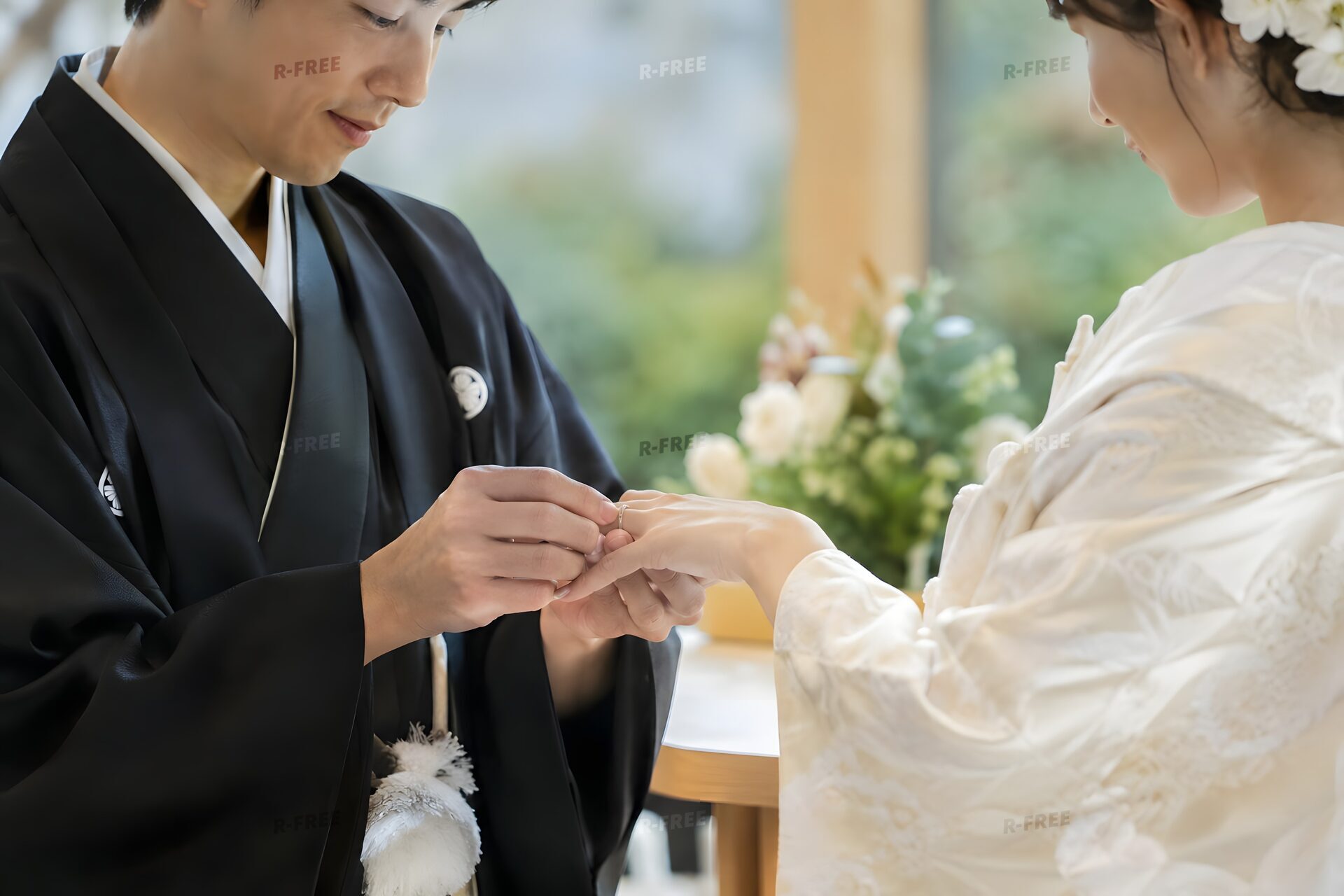 指輪を交換する新郎新婦の手元