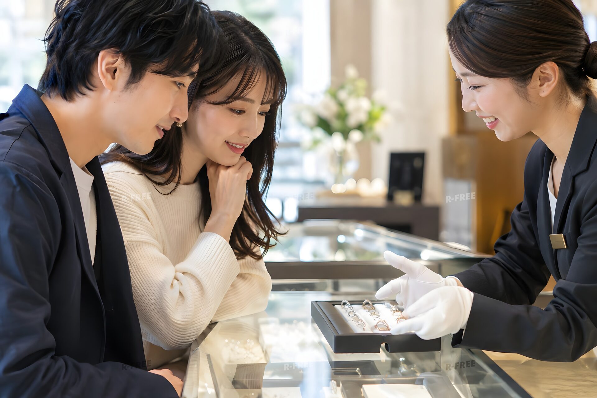 ジュエリー店で指輪を選ぶカップル