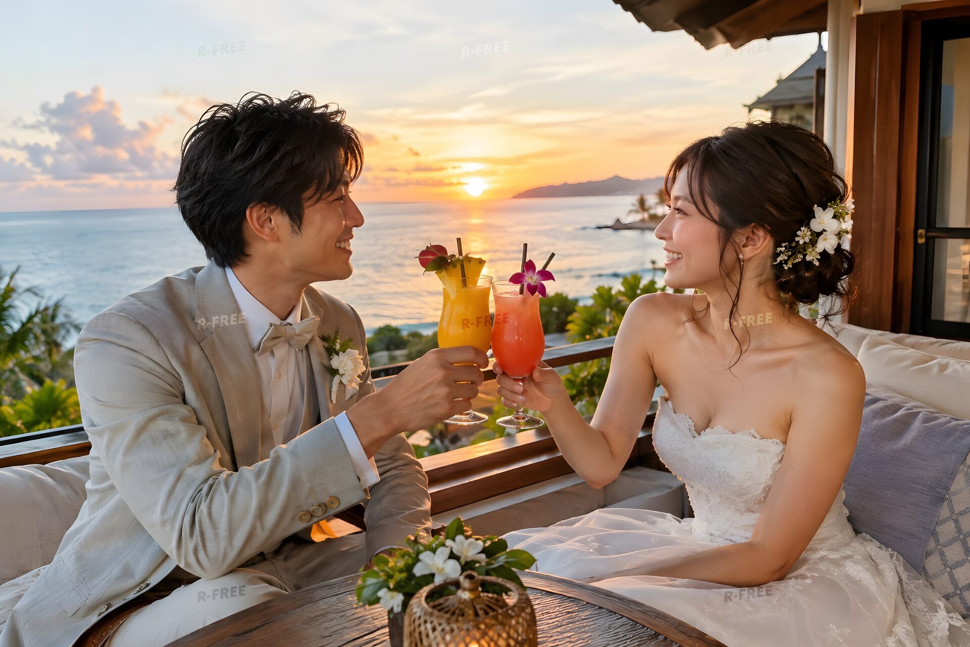 海を望むテラスで乾杯する新婚夫婦