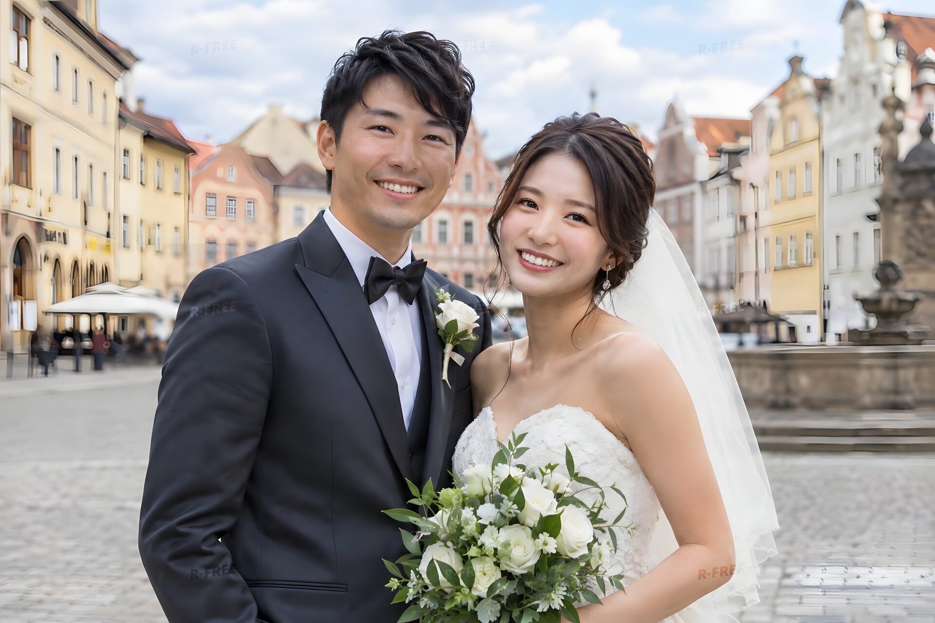 ヨーロッパの広場で記念撮影する新婚夫婦