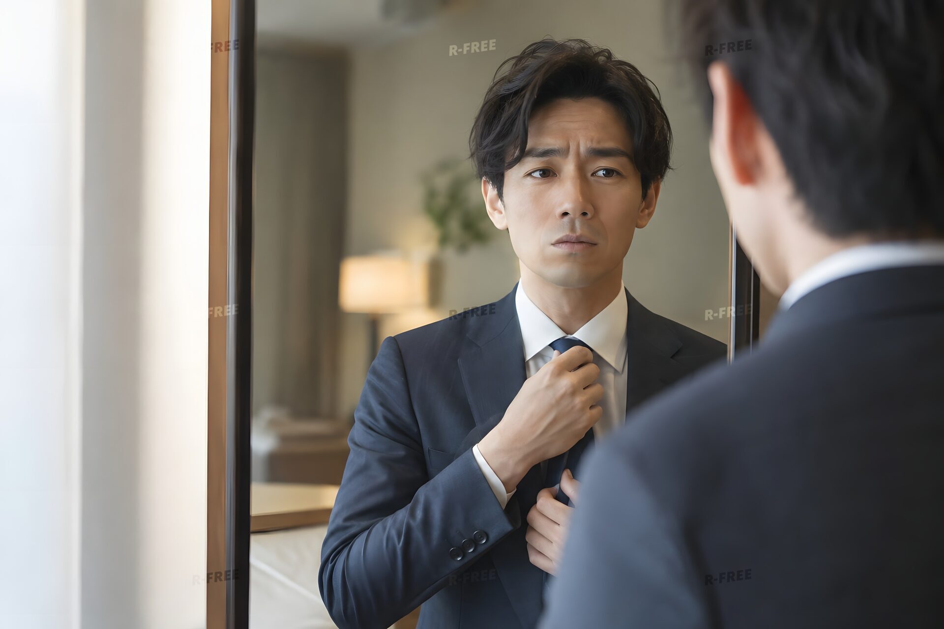 婚活パーティー前にネクタイを直す30代男性