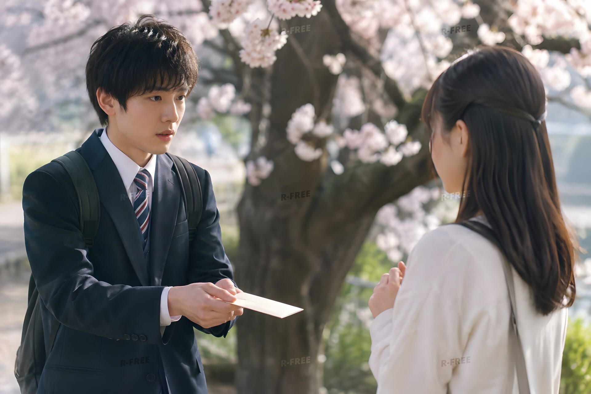 桜の木の下で手紙を渡す若い男性