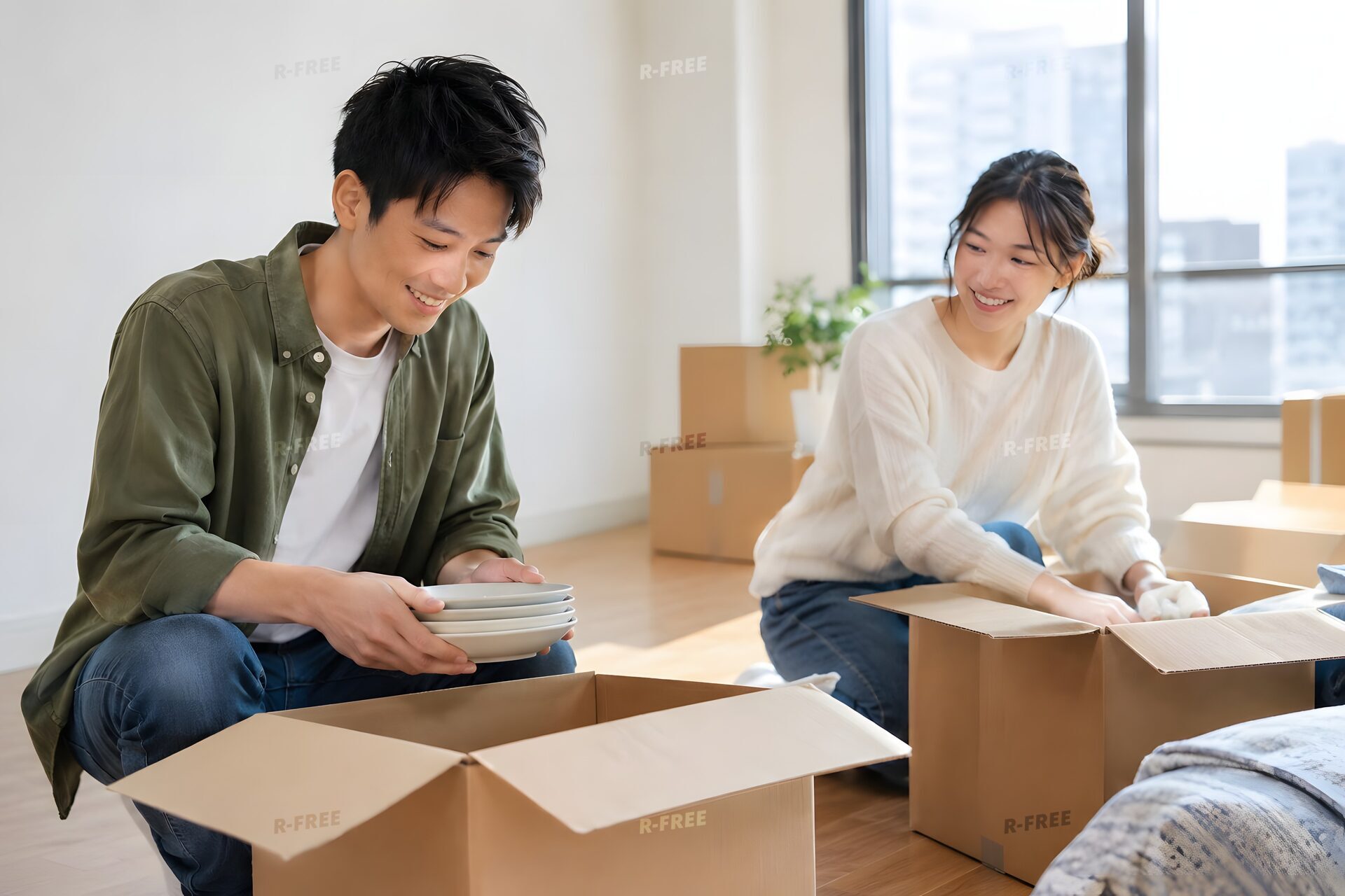 新居で段ボールを開けるカップル