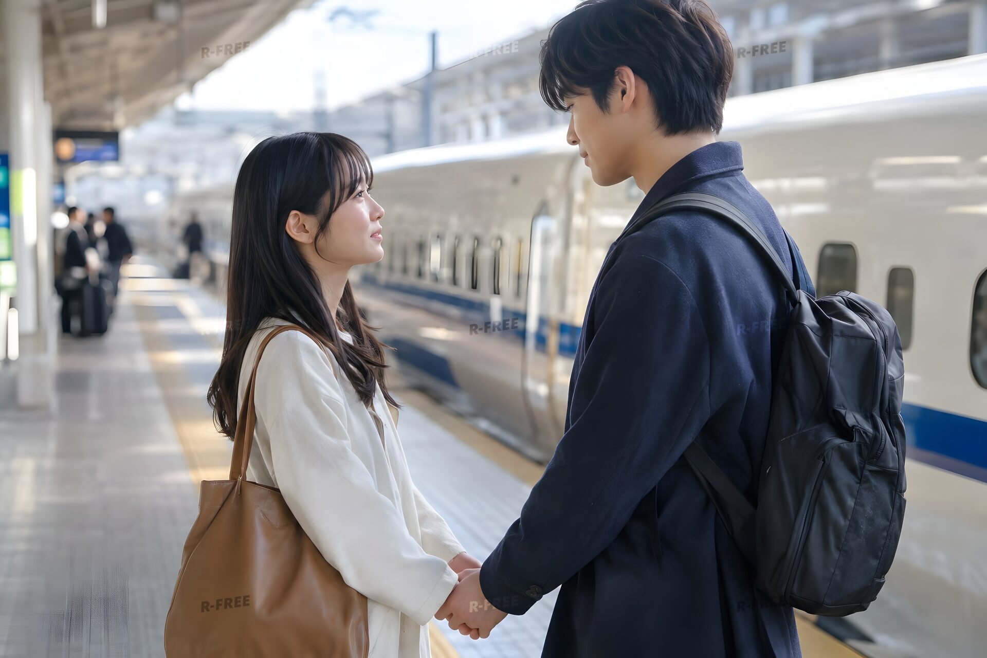 新幹線のホームで別れを惜しむカップル