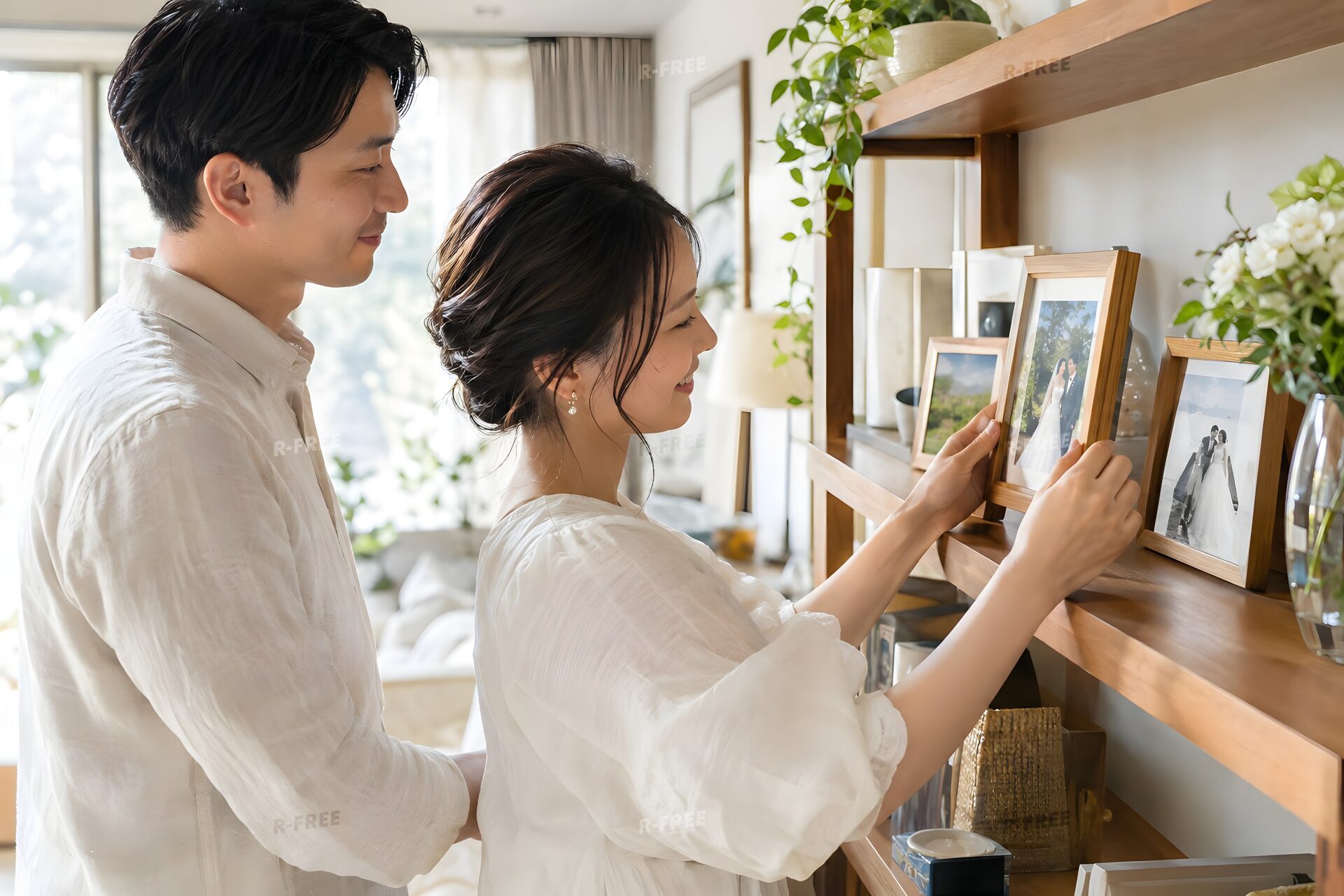 新居の棚に結婚写真を飾る夫婦