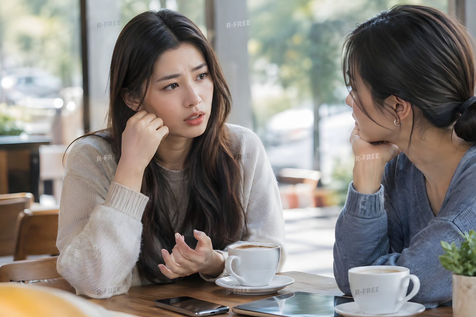 カフェで恋の悩みを打ち明ける20代女性