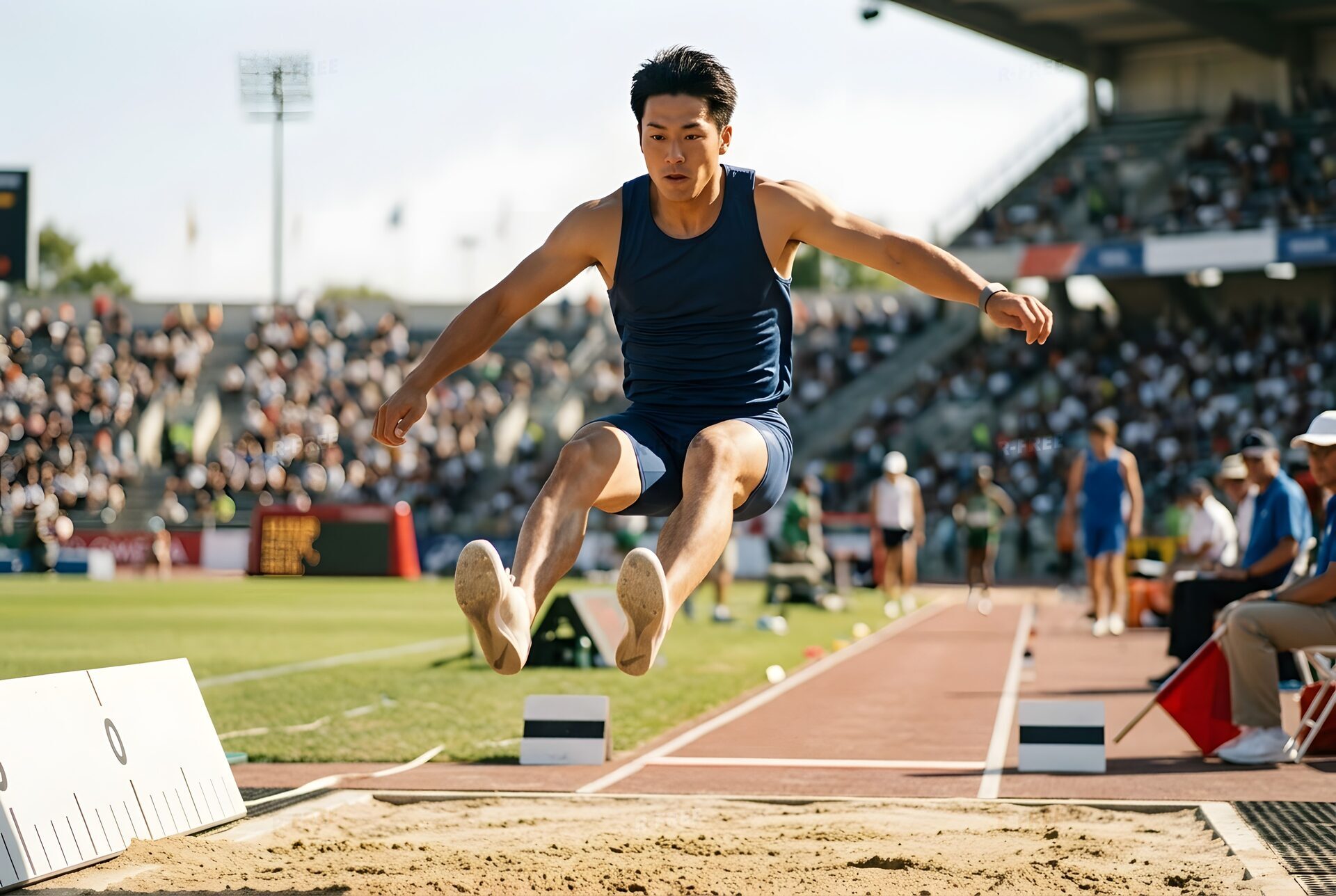 砂場へ跳ぶ走り幅跳びの選手