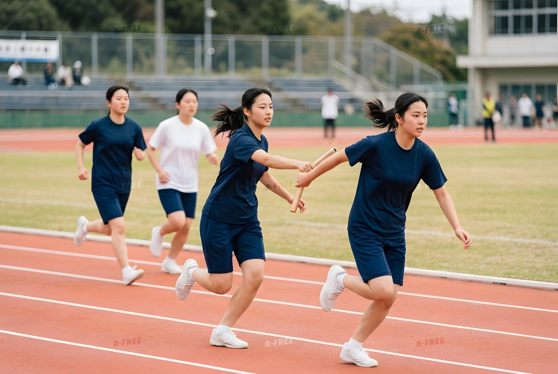 バトンを渡すリレーの女子選手たち