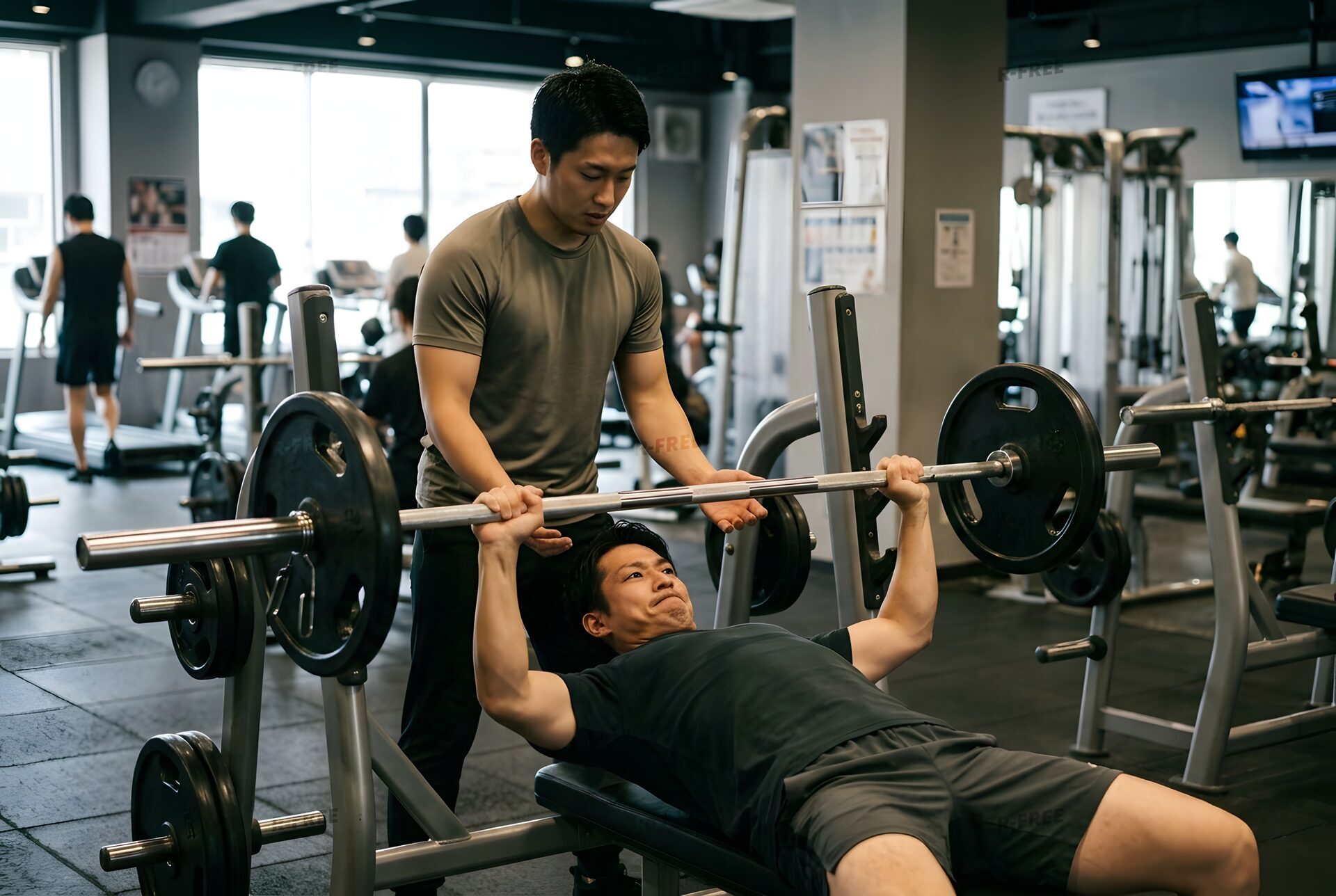 ベンチプレスをする男性と補助する人