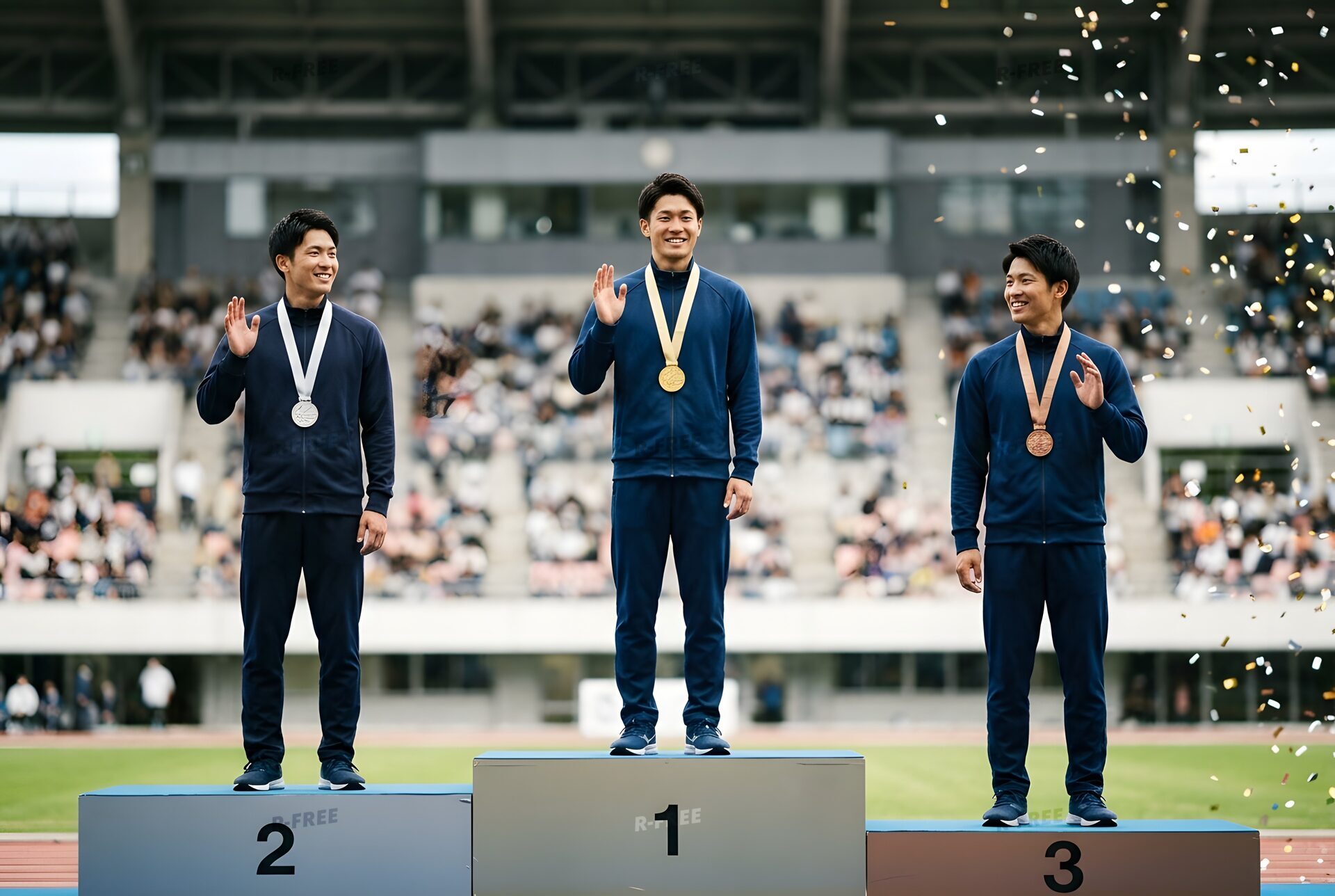表彰台でメダルをかけて笑う選手たち