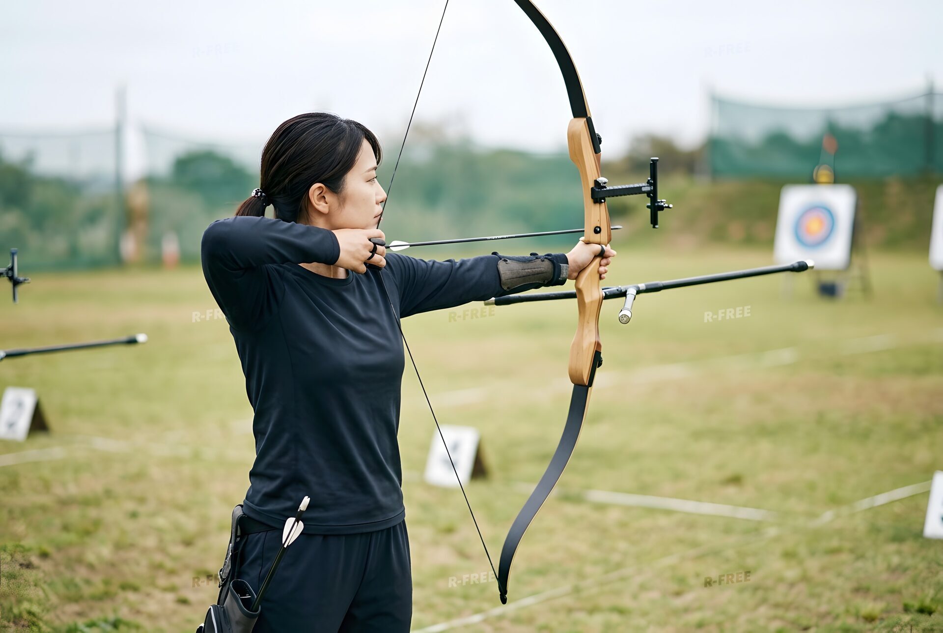 アーチェリーで弓を引く女性