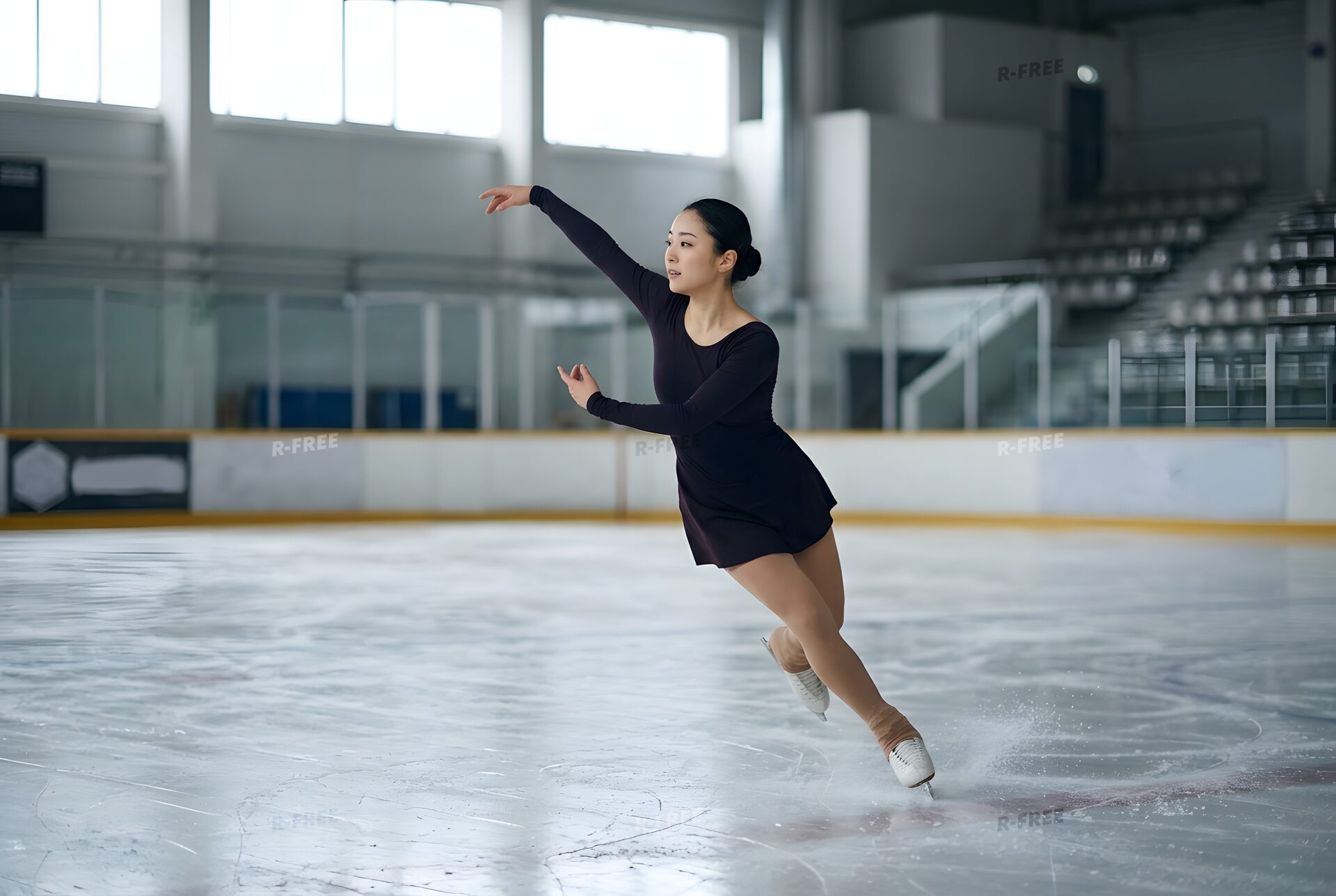 リンクでスピンをするフィギュアスケート選手