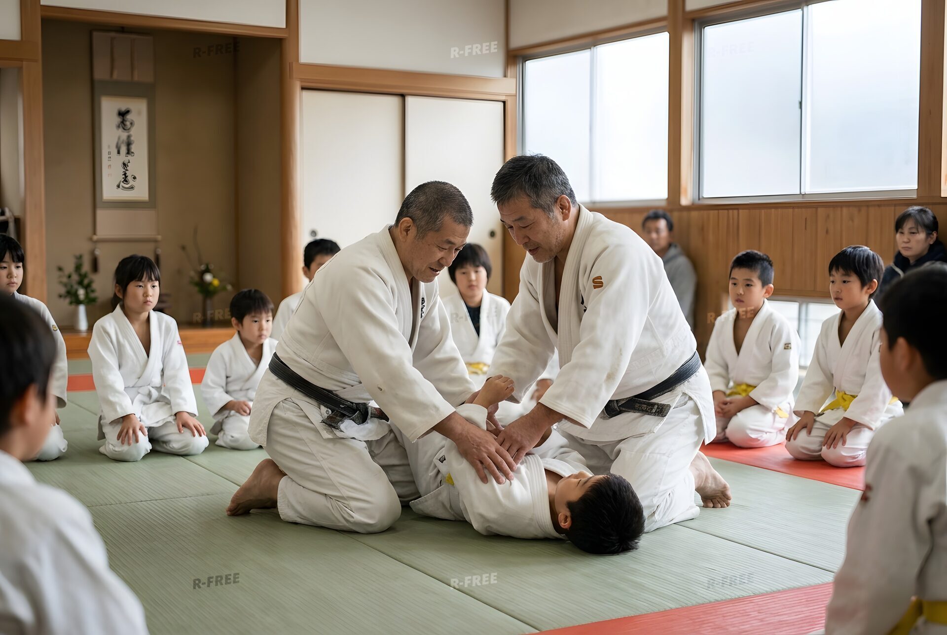 子どもたちに技を教える柔道の先生