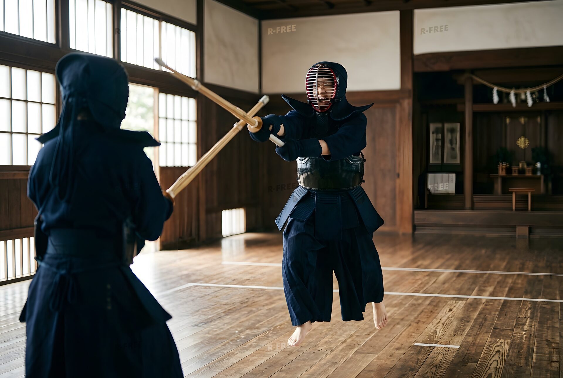 面を打ち込む剣道の選手