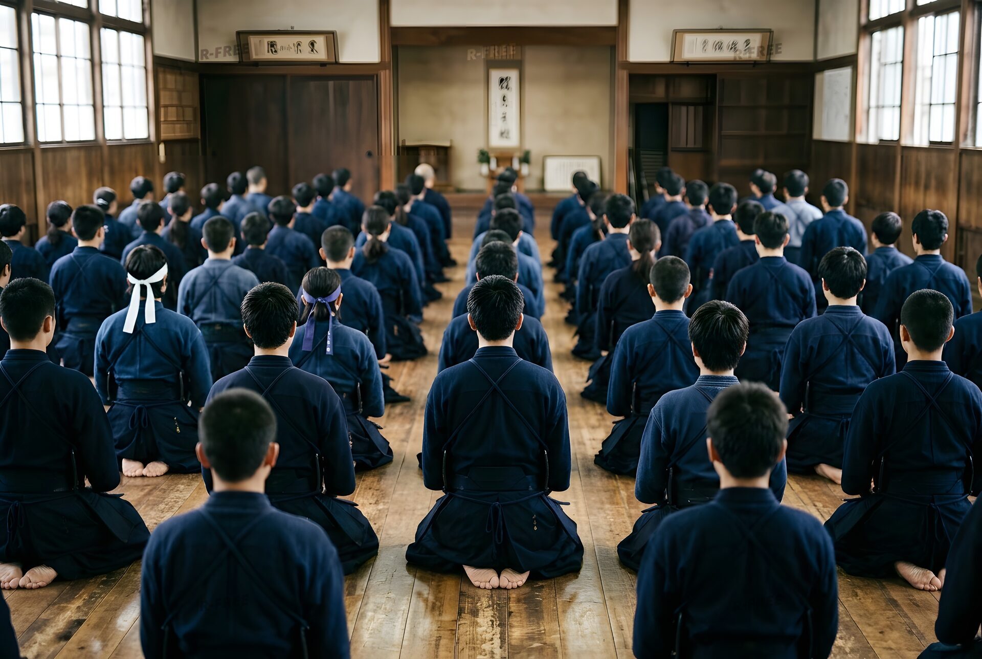 正座して並ぶ剣道部の生徒たち