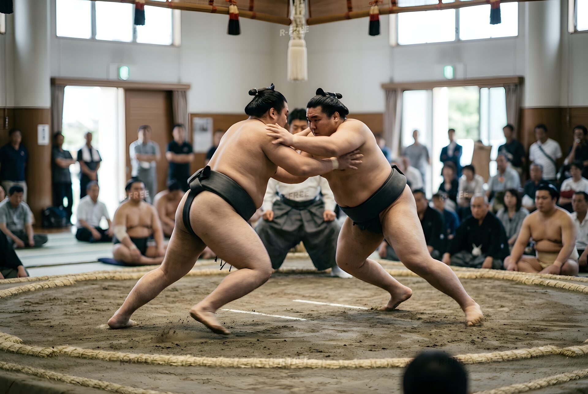 土俵でぶつかり合う二人の力士