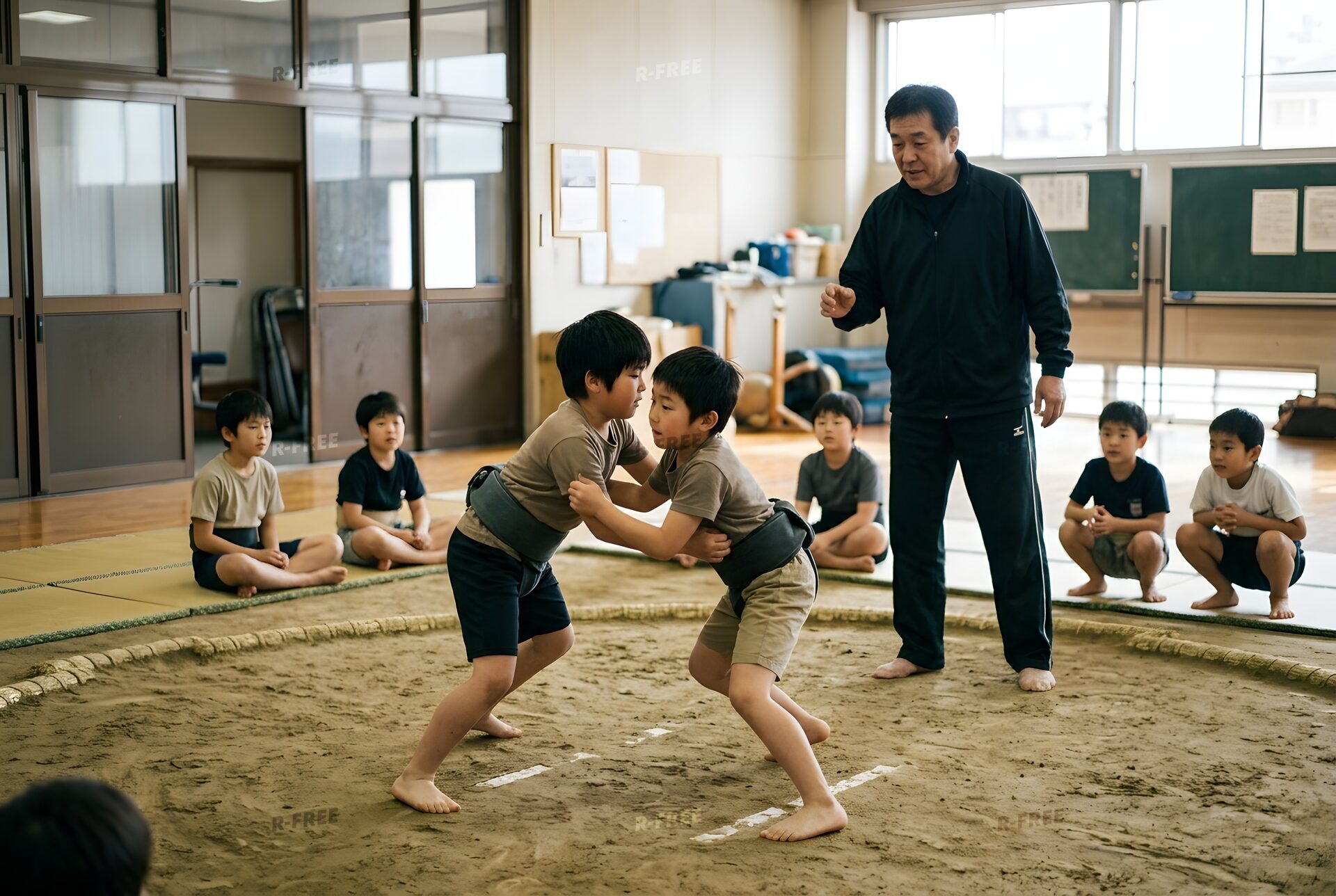 相撲教室で稽古をする子どもたち