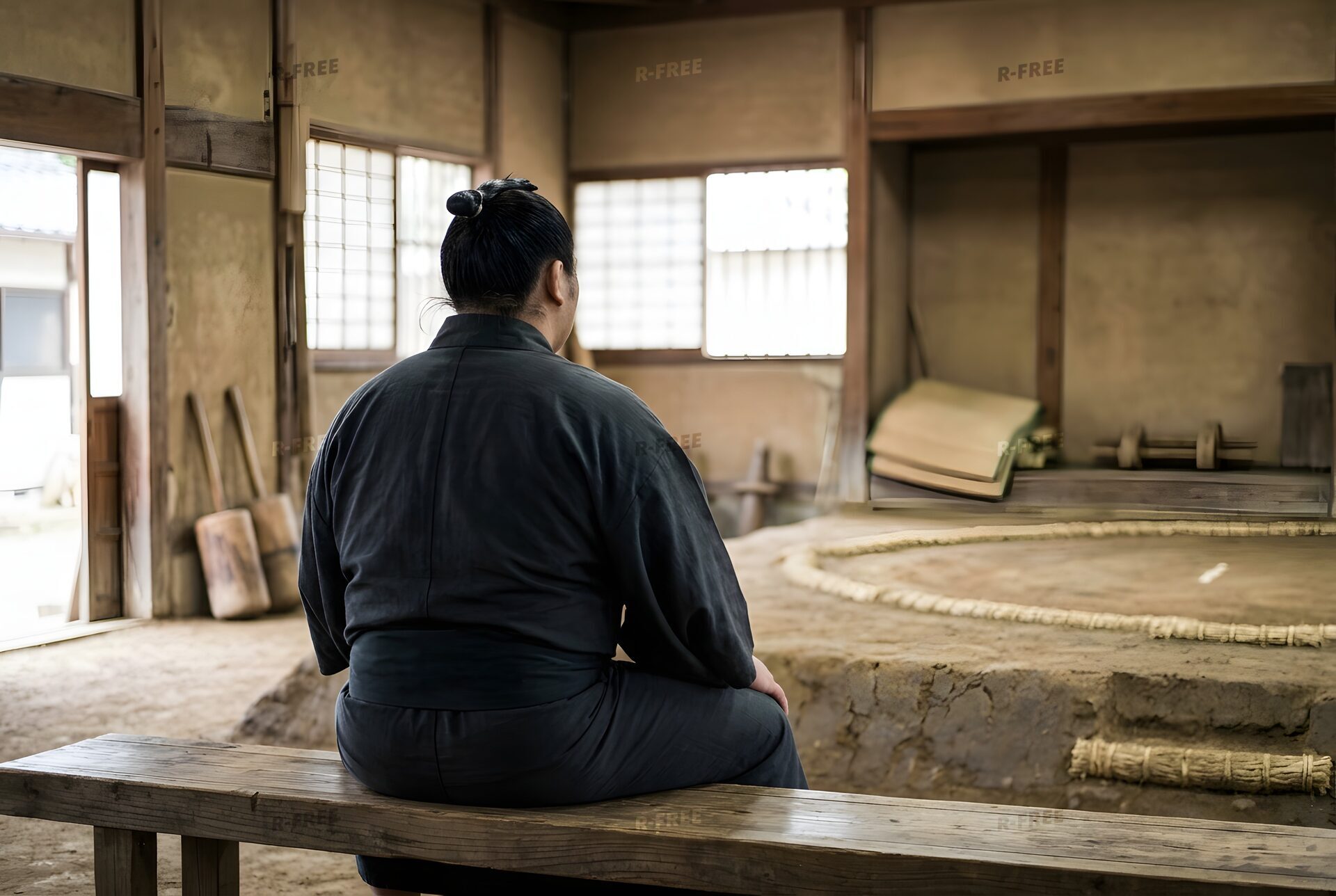 稽古場で待つ力士の後ろ姿