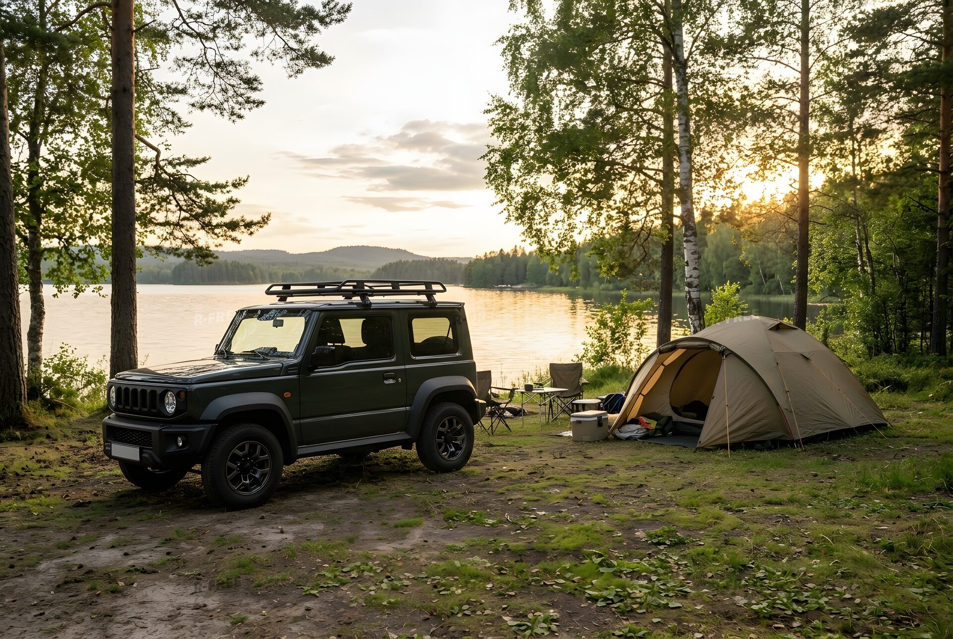 湖畔のキャンプ場に停まるSUV