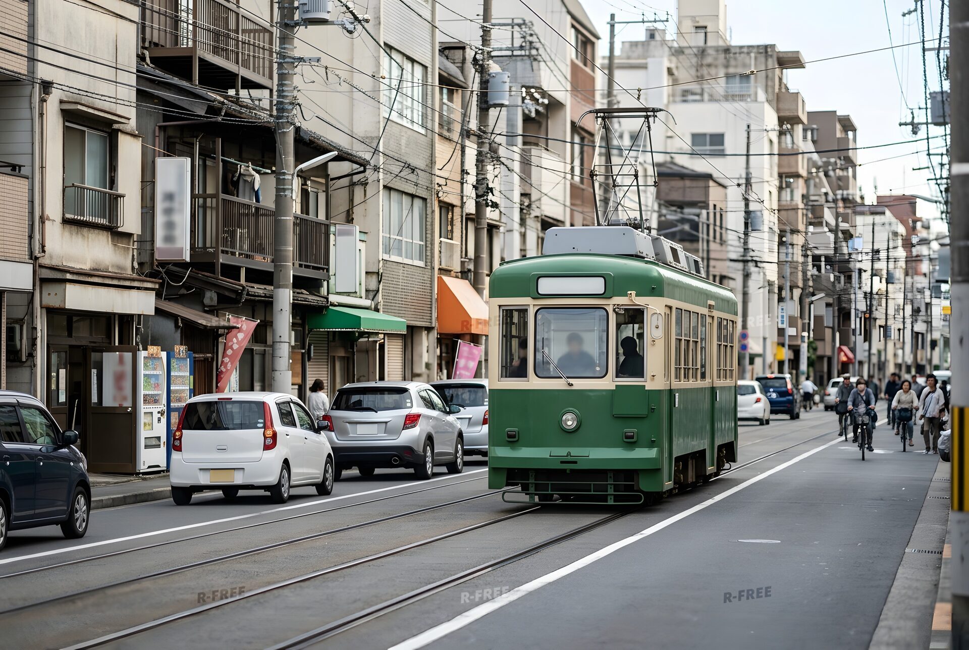 街の道路を走る緑の路面電車