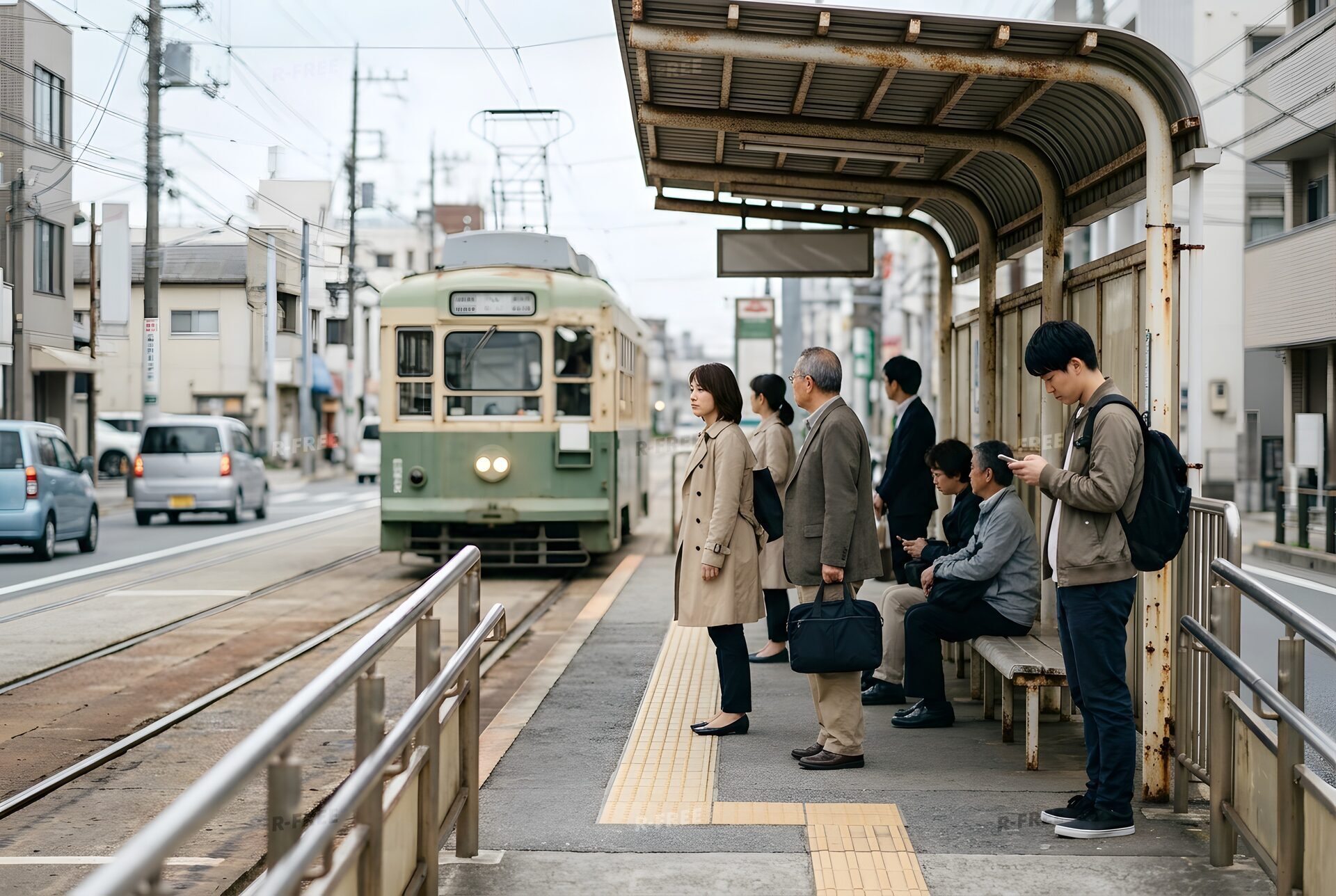 停留場で路面電車を待つ人々