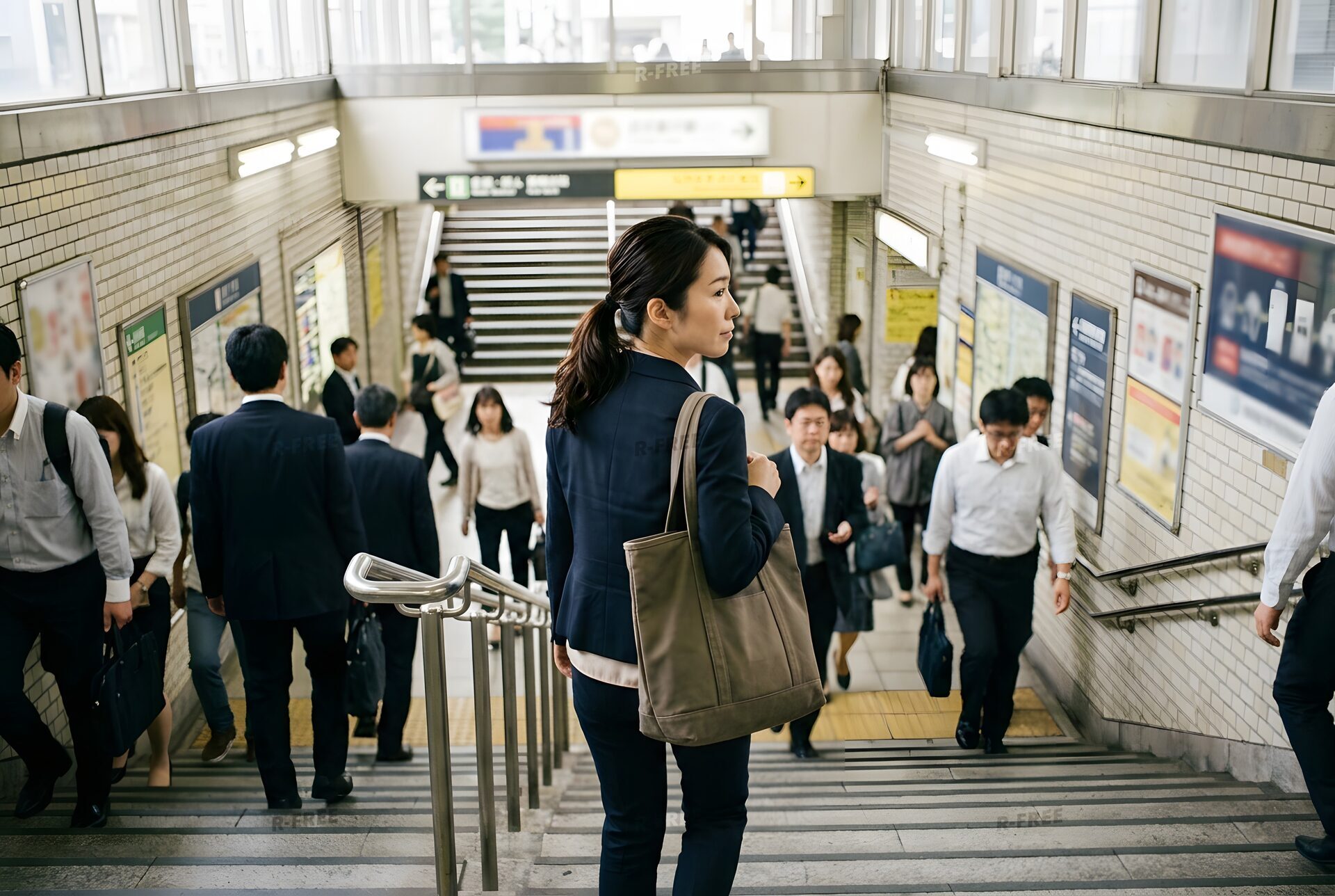 地下鉄の階段を上がる会社員の女性