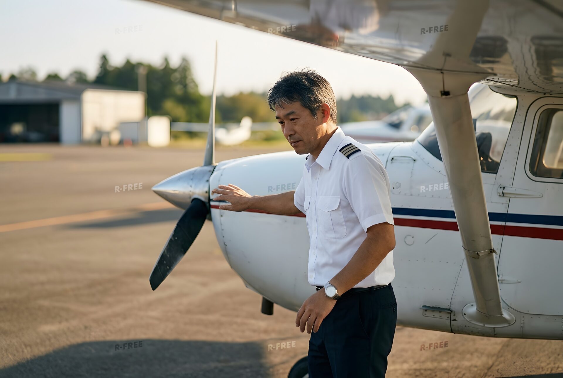 小型機の機体を点検するパイロット