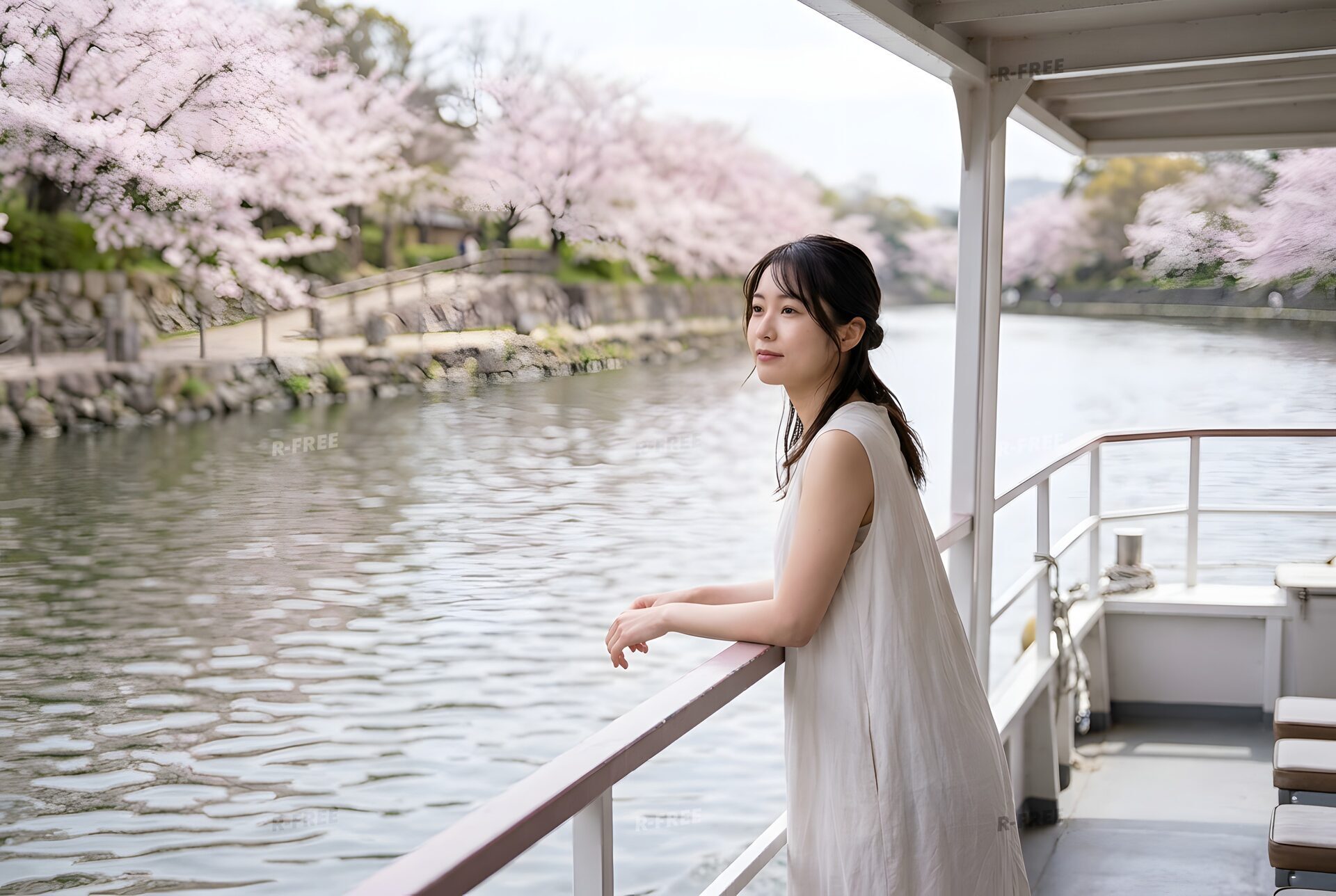 桜の川を行く遊覧船の上で景色を見る女性