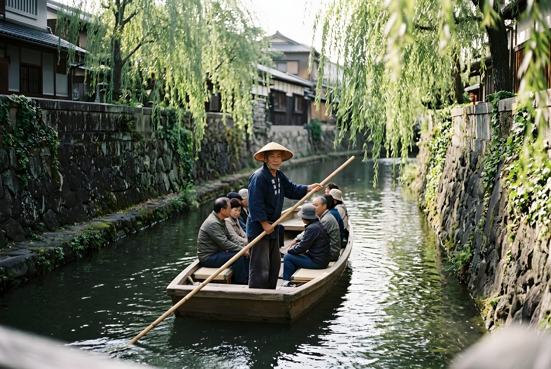 運河を進む小さな舟と船頭