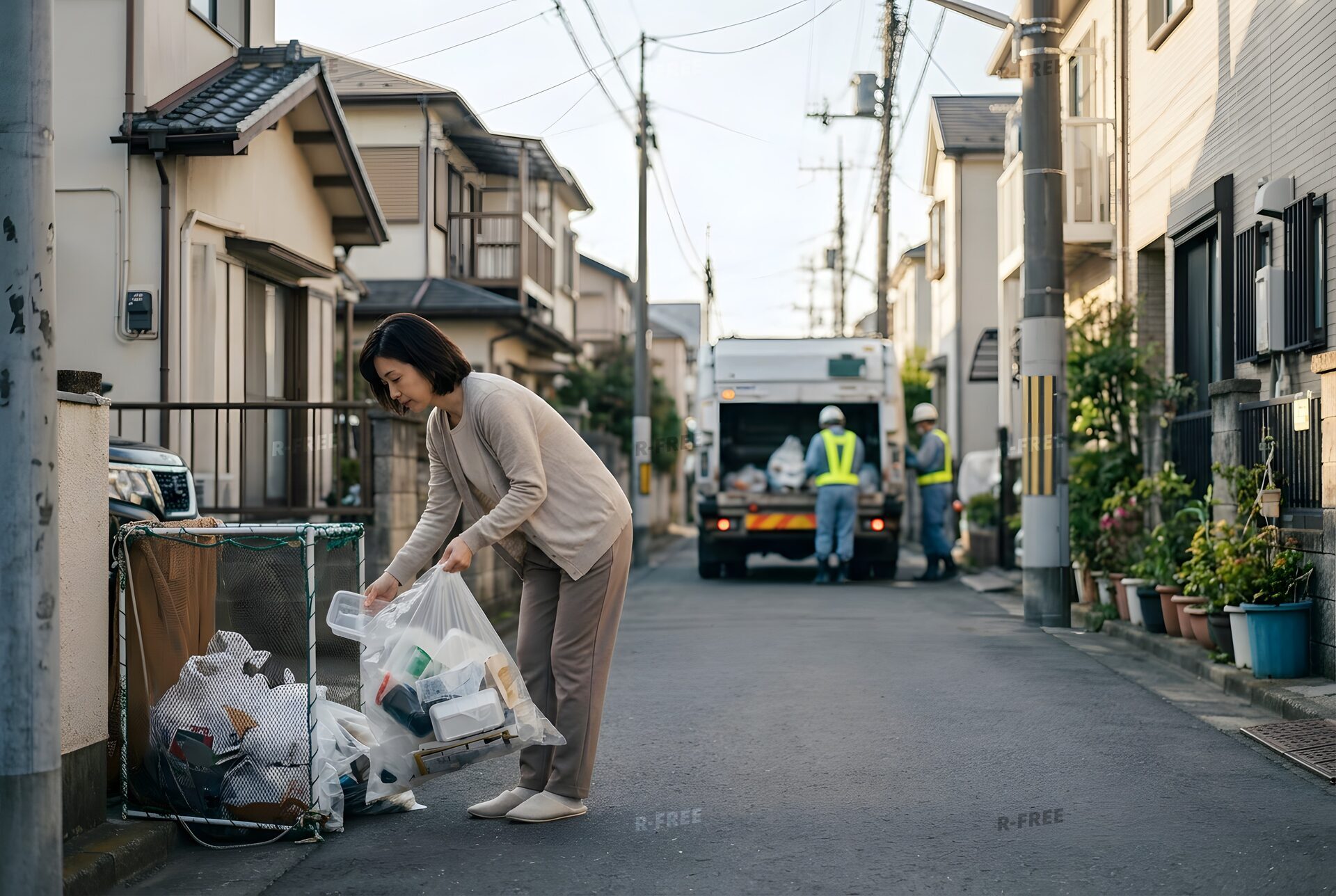 ゴミ収集所にごみを出す女性と収集車