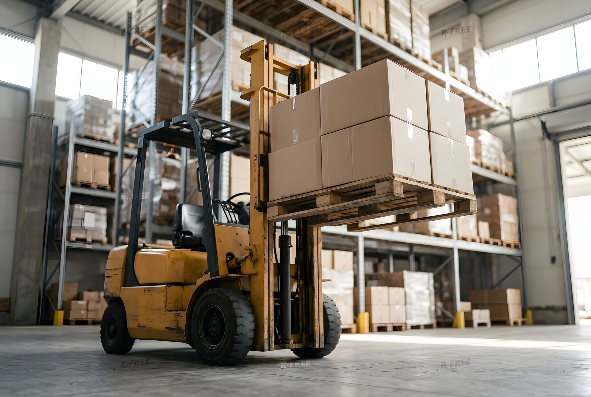 高い棚に荷を上げるフォークリフトのフォーク