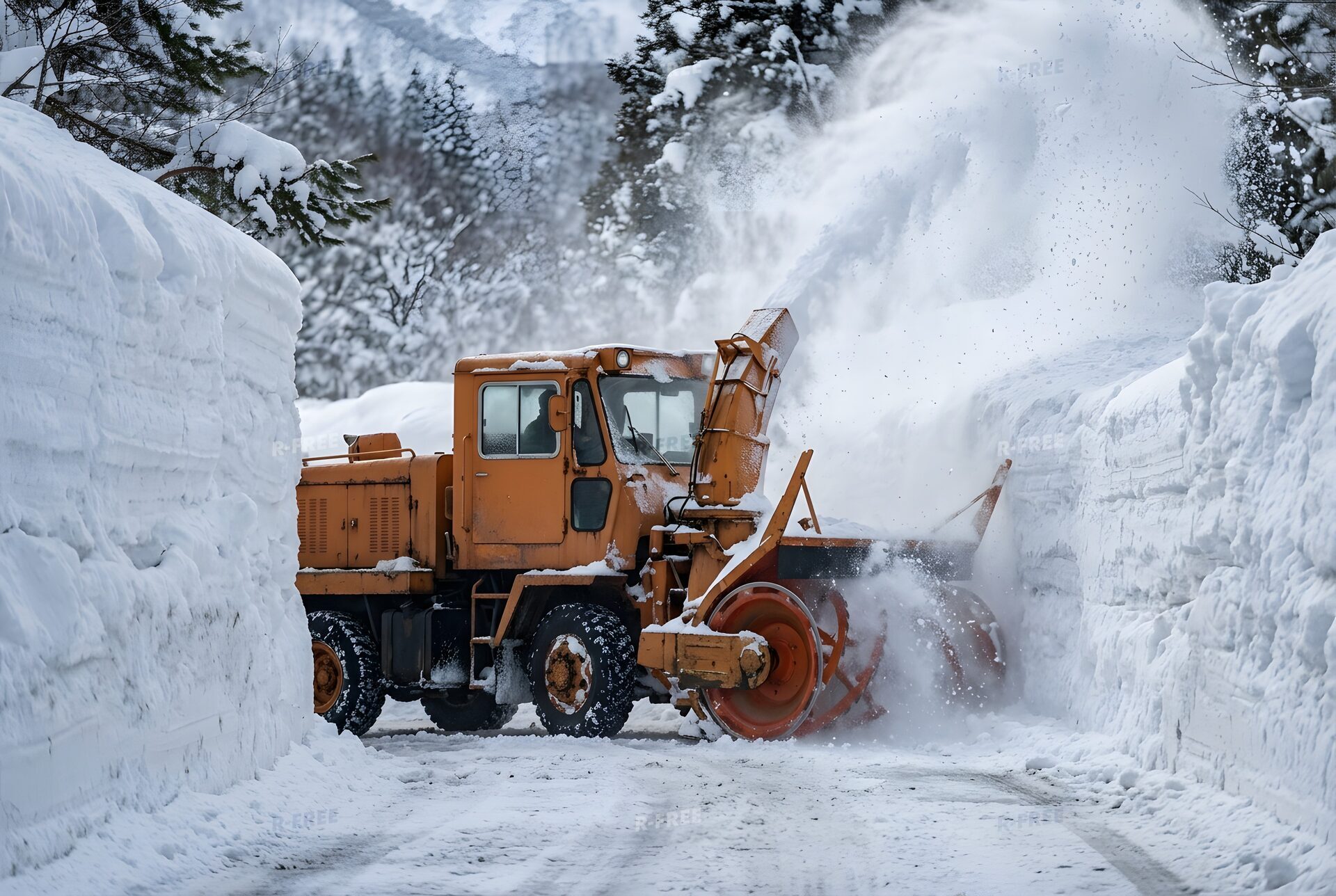 雪を飛ばして進むロータリー除雪車