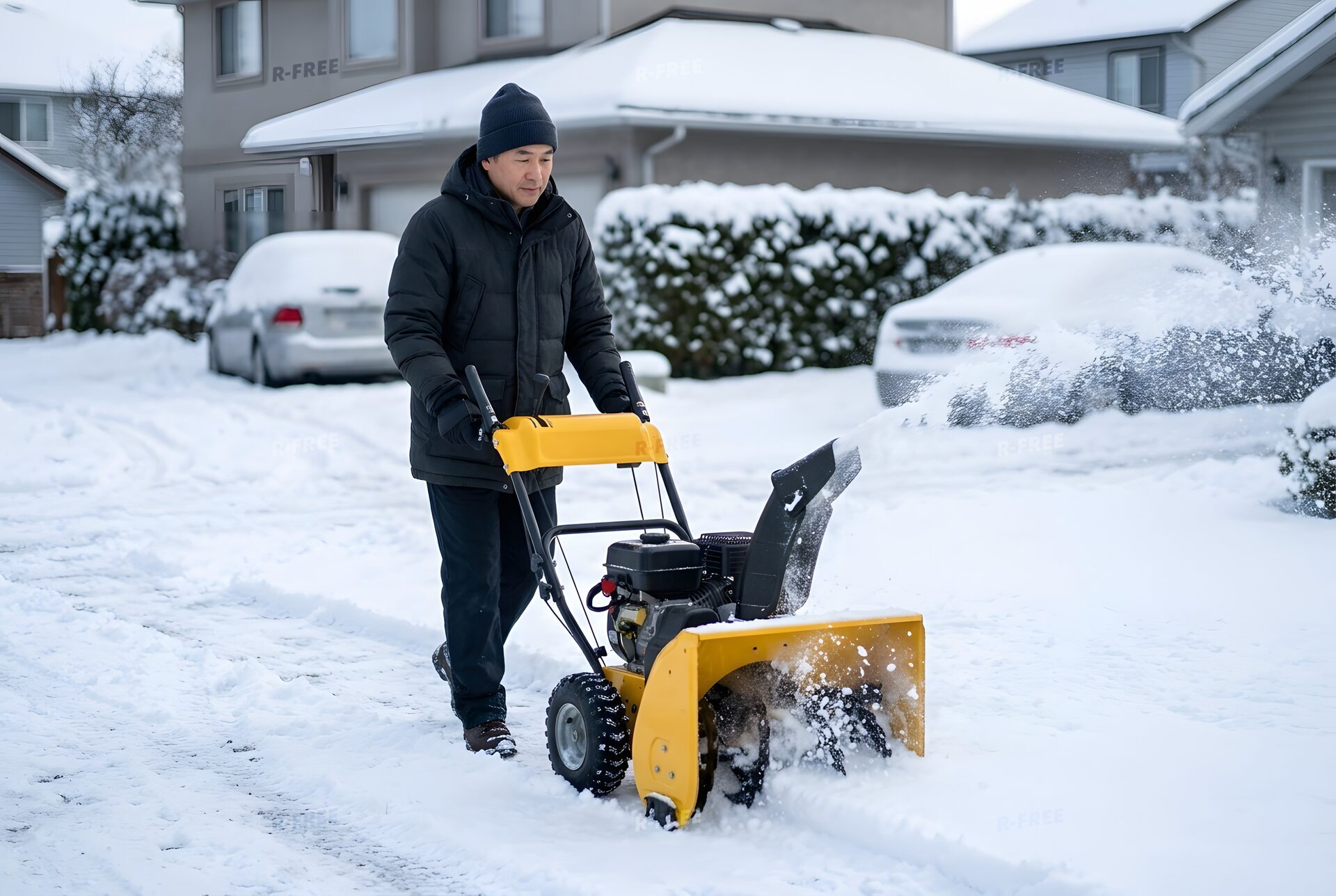 家の前を除雪する家庭用の除雪機