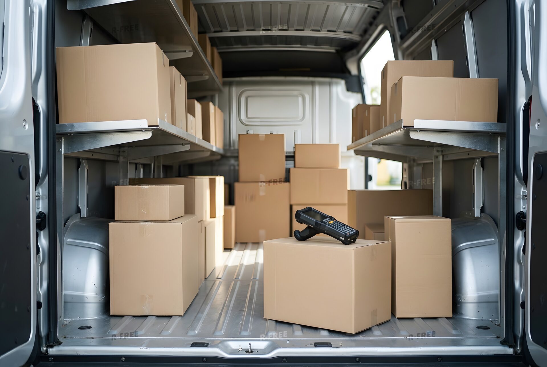 荷物が整理された配送バンの荷室
