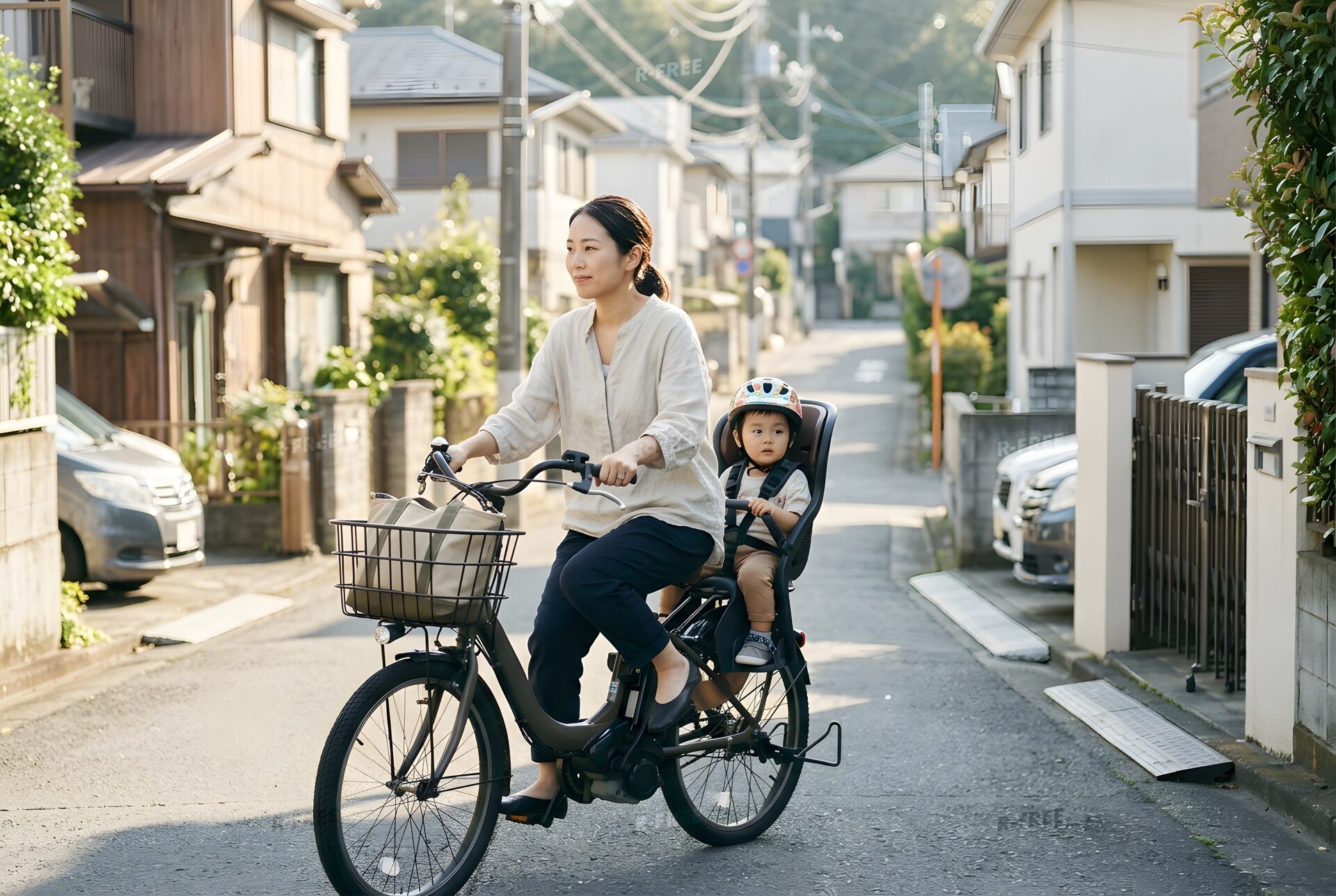 子ども乗せの電動アシスト自転車で坂を上る母親