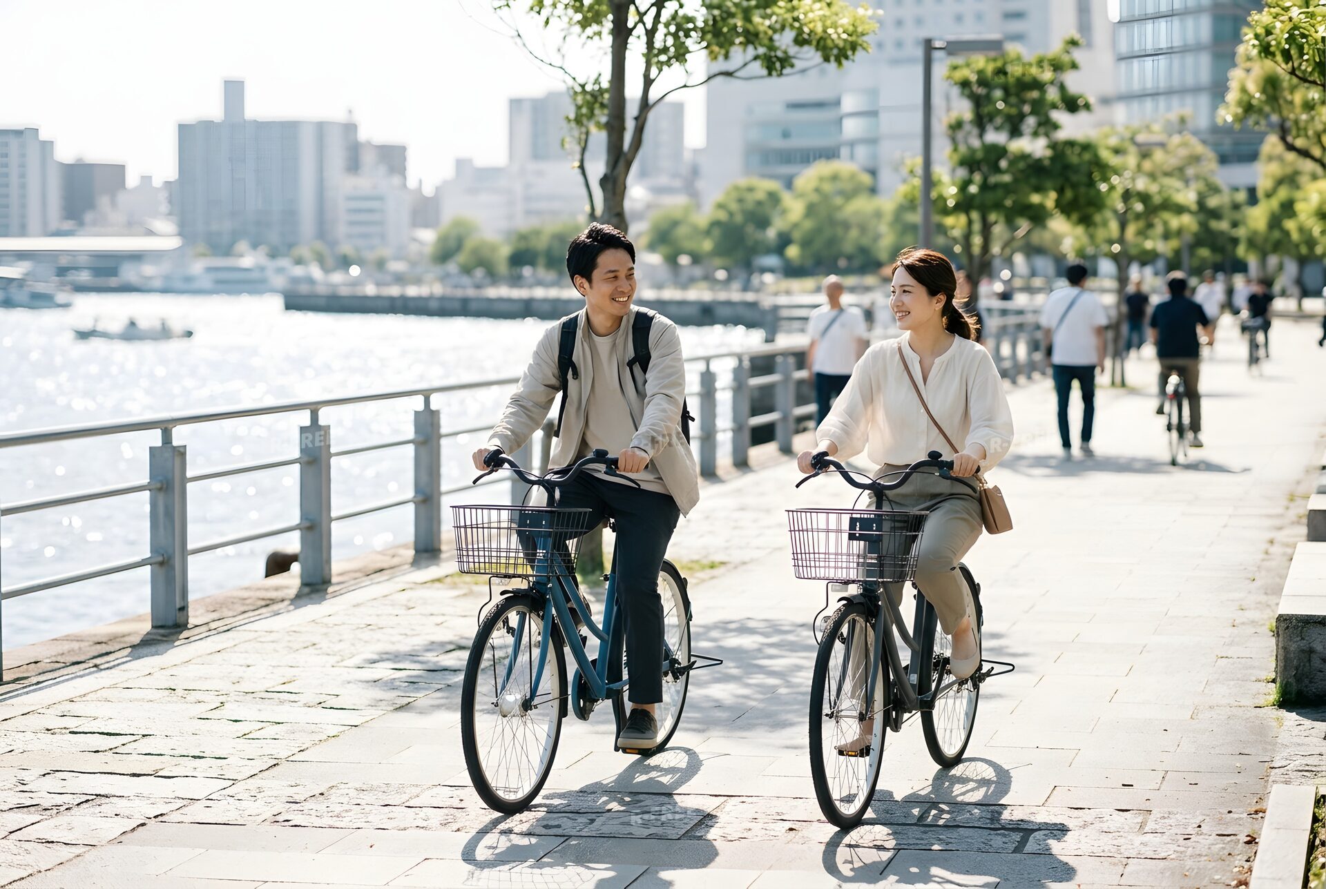 街をシェアサイクルで巡る観光客の二人